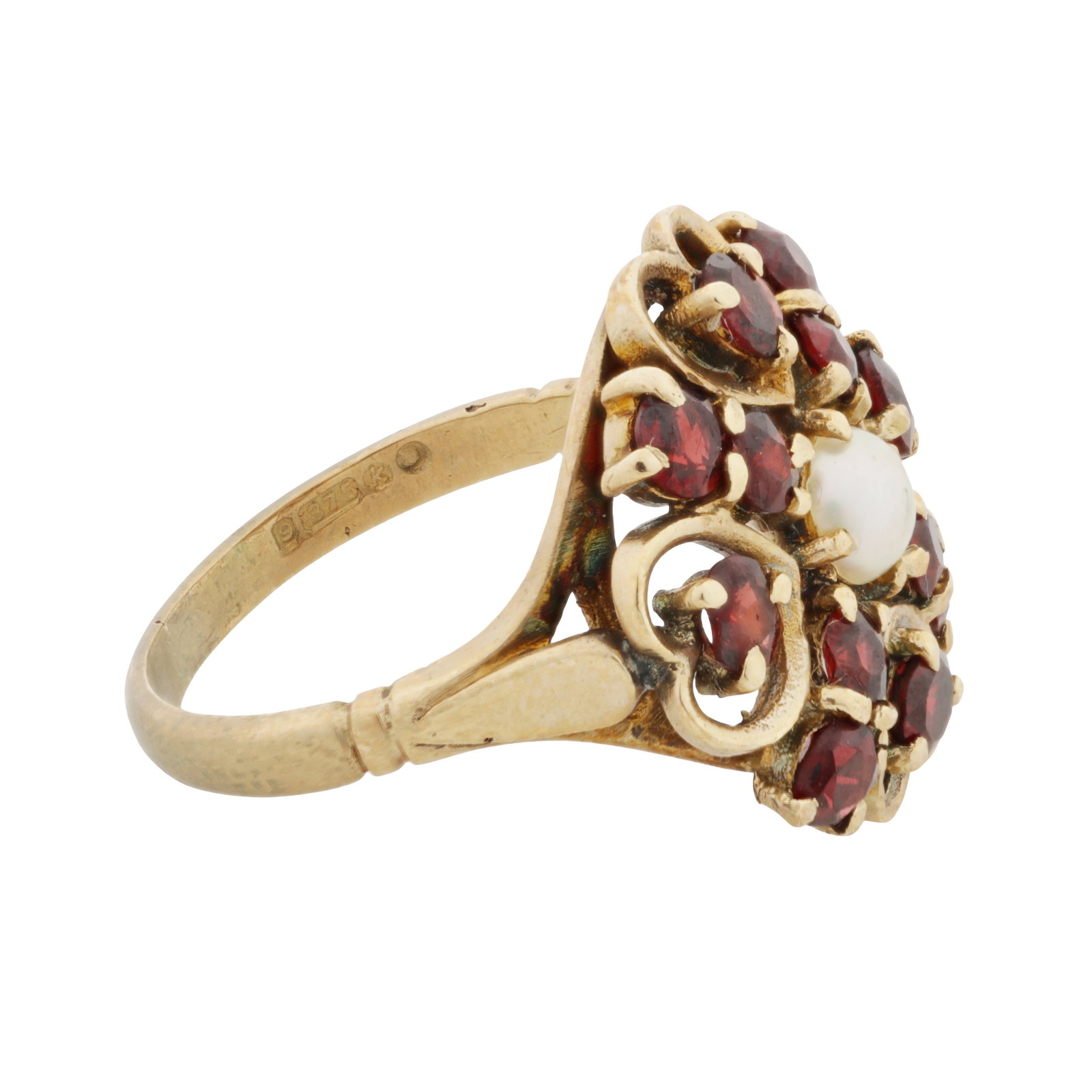 A garnet and pearl flower ring 9ct yellow gold - 2