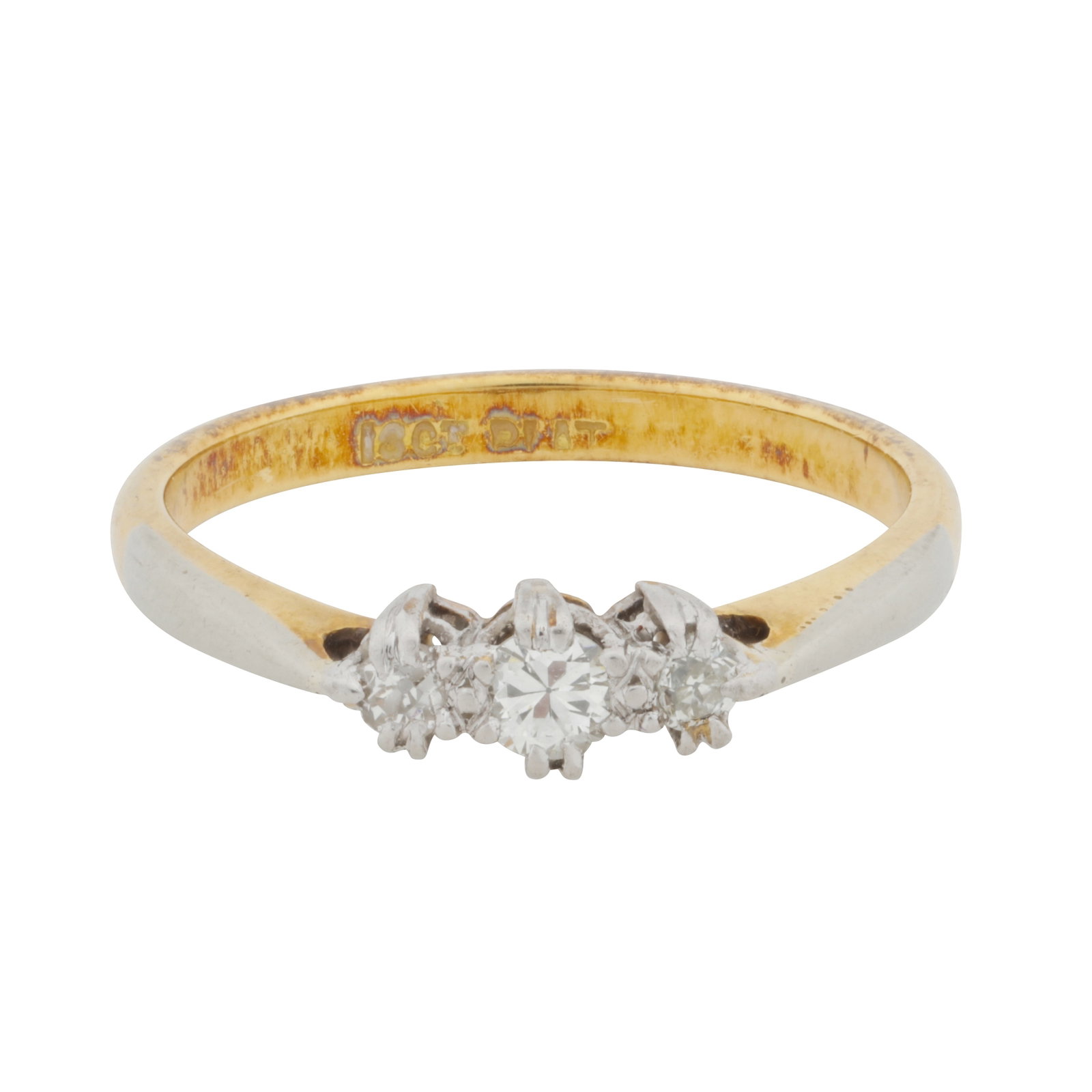 A three stone diamond ring Yellow and white metal: A three stone diamond ring Yellow and white metal Set with graduated old brilliant-cut diamonds, mounted in bi-colour metal, stamped 18ct-Plat', ring size O