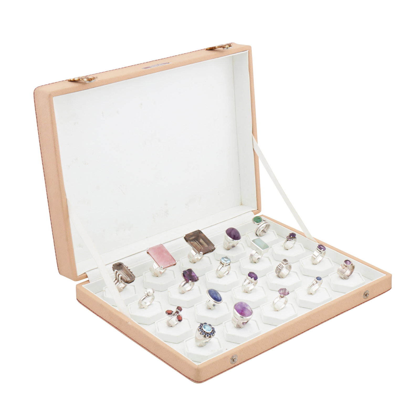 A boxed collection of gem set rings: A boxed collection of gem set rings Of various designs, each set with a hardstone, including sapphire, amethyst, citrine, smoky quartz, pearl, garnet, and topaz, some items stamped silver, others