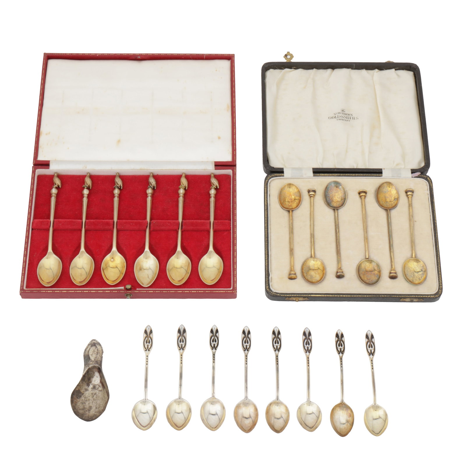 Sheffield 1815 by Nathaniel Smith and Co A George III sterling silver caddy spoon: Sheffield 1815 by Nathaniel Smith and Co A George III sterling silver caddy spoon Also to include a mixed group of sterling silver flatware, comprising cased set of silver gilt teaspoons, some with
