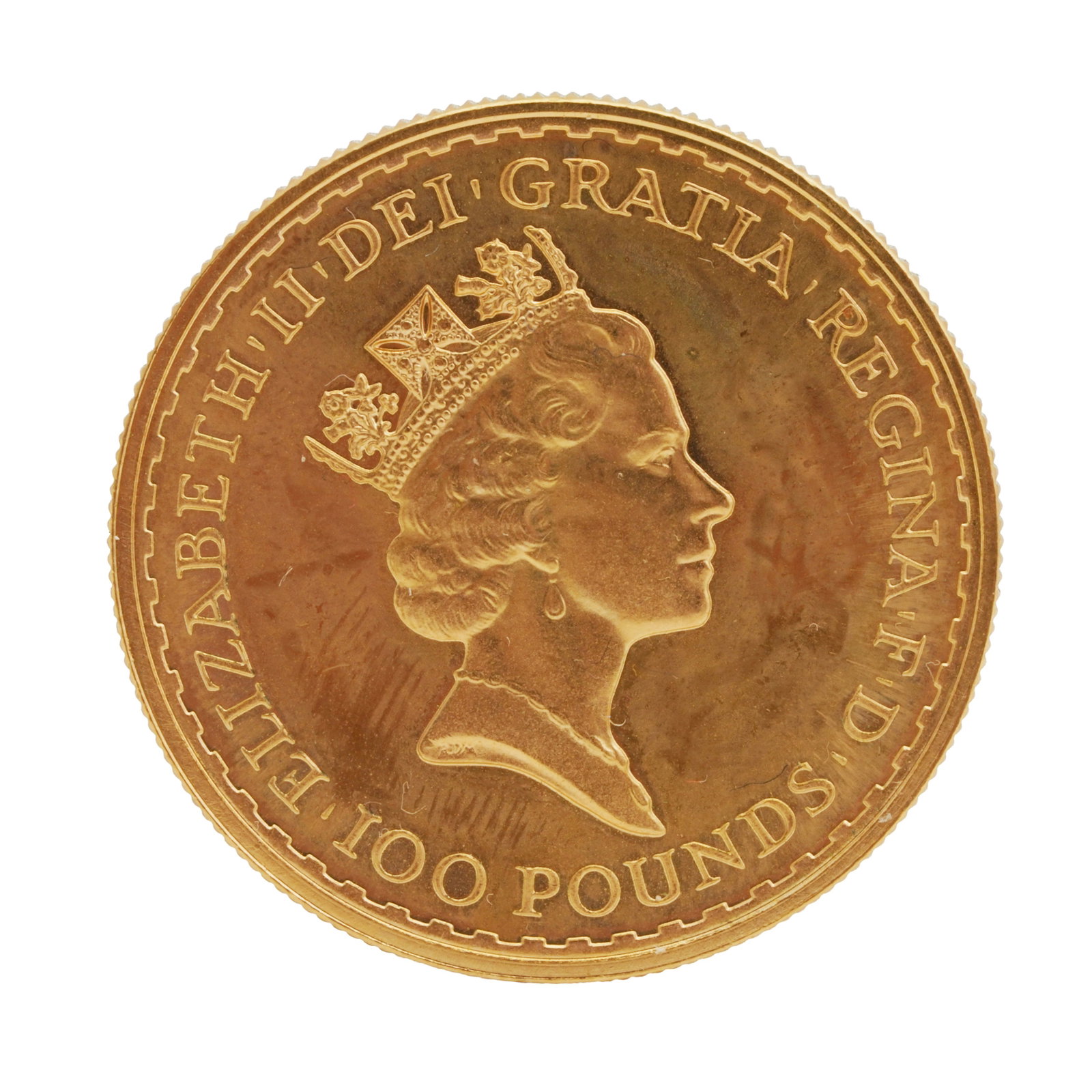 GB Gold Coin- 22ct Full Britannia: GB Gold Coin- 22ct Full Britannia Monarch: Elizabeth II Date: 1987 Type: One Ounce Britannia £100 coin Purity: 22 carat gold Weight: 34.5 grams