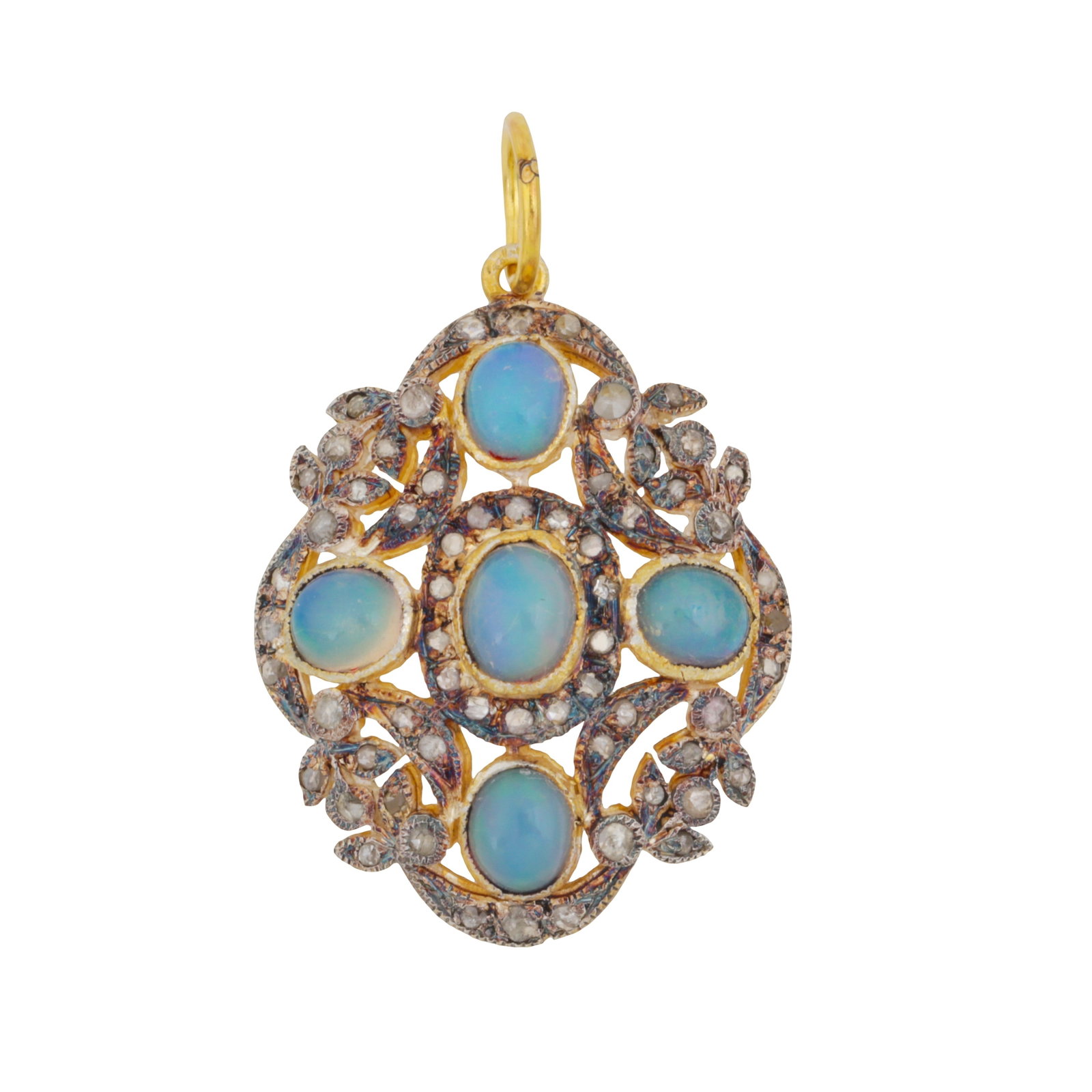 An opal and diamond pendant White and yellow metal: An opal and diamond pendant White and yellow metal Of pierced design, set with five oval-cut opal cabochons, accented by rose-cut diamonds, to milgrain decorations, pendant stamped 925, bail stamped