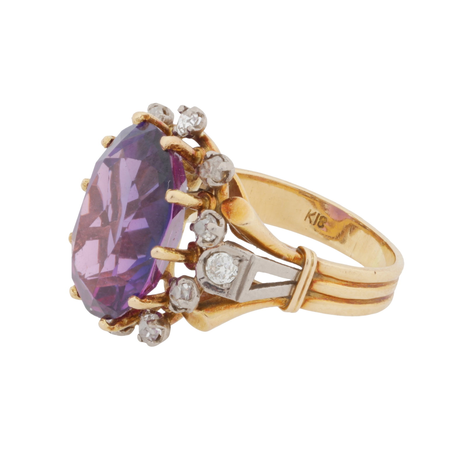 A synthetic sapphire and diamond ring Yellow and white metal - 2