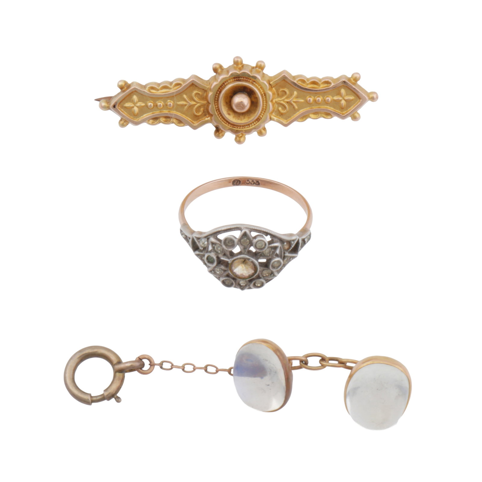 A collection of jewellery Yellow and white metal: A collection of jewellery Yellow and white metal To include a brooch with rope-twist and bead decorations, maker's mark, stamped 9ct, length 4.2cm; a paste ring of pierced design, maker's mark,