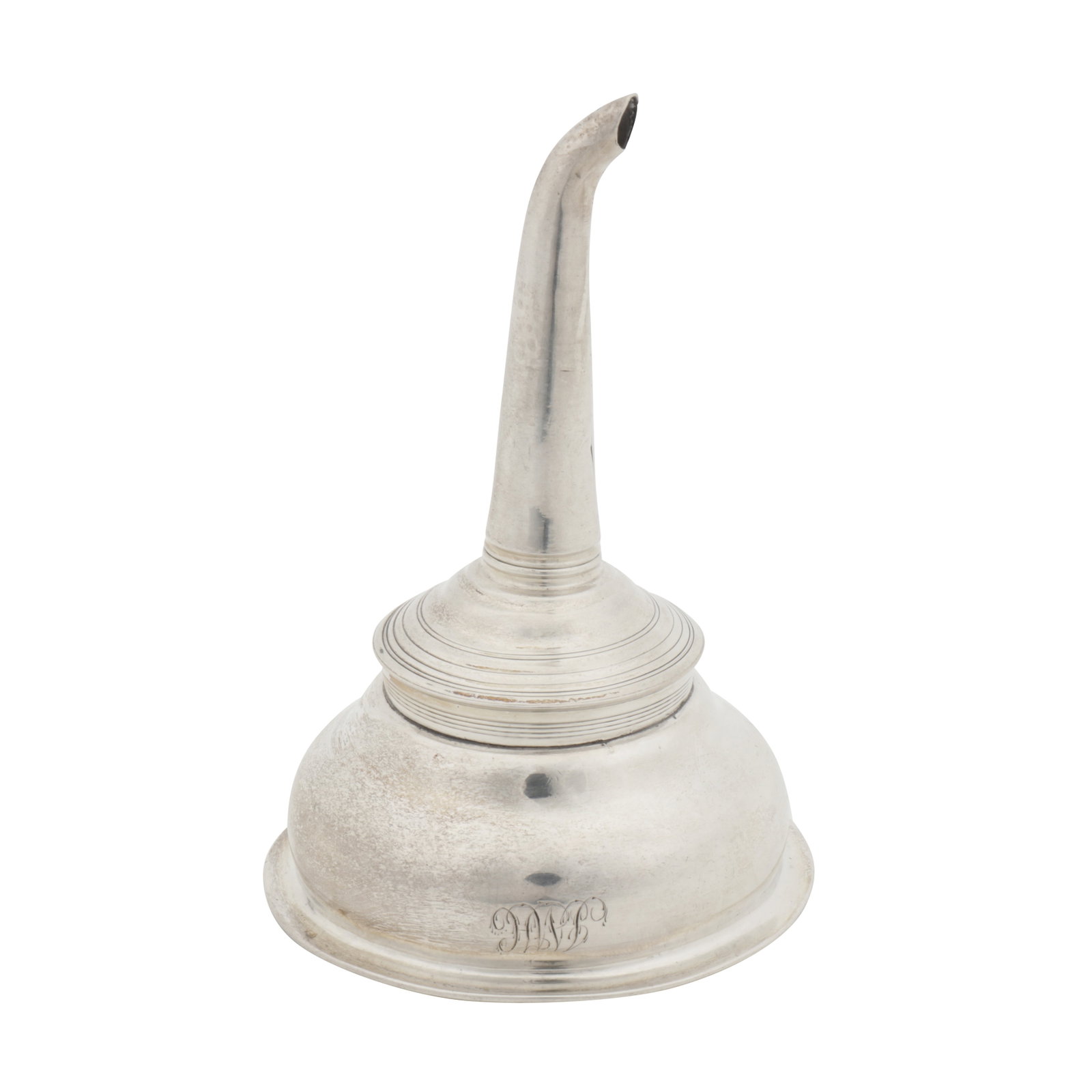 London 1799 by Peter and Ann Bateman A George III sterling silver wine funnel: London 1799 by Peter and Ann Bateman A George III sterling silver wine funnel of rounded circular form. Engraved with initials JMH. Removable muslin ring. Fully and part-marked. Height -12.5 cm / 4.9