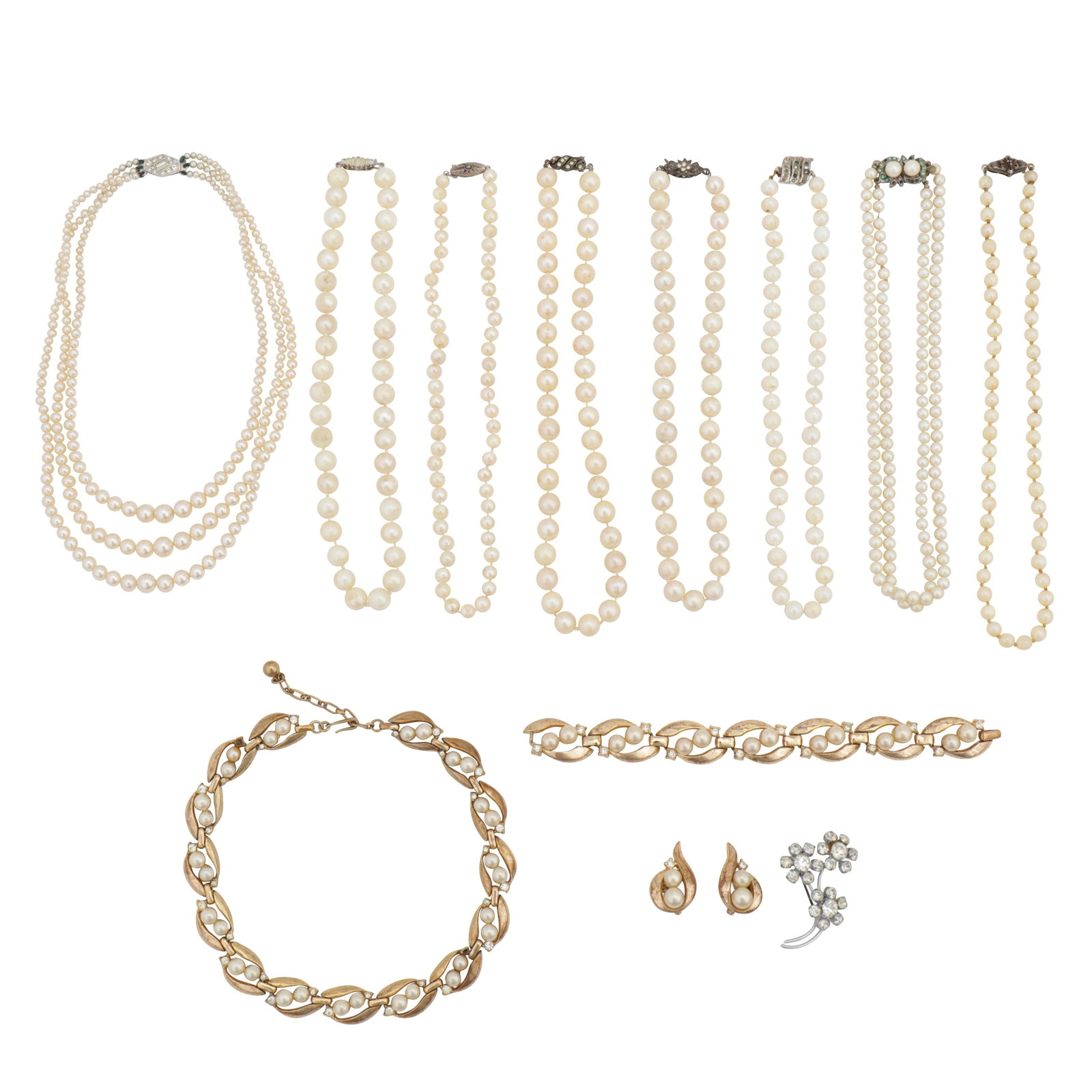 A collection of pearl necklaces and costume jewellery Yellow and white metal: A collection of pearl necklaces and costume jewellery Yellow and white metal To include cultured and imitation pearl necklaces, a matching set of necklace, bracelet, and earrings, and a flower