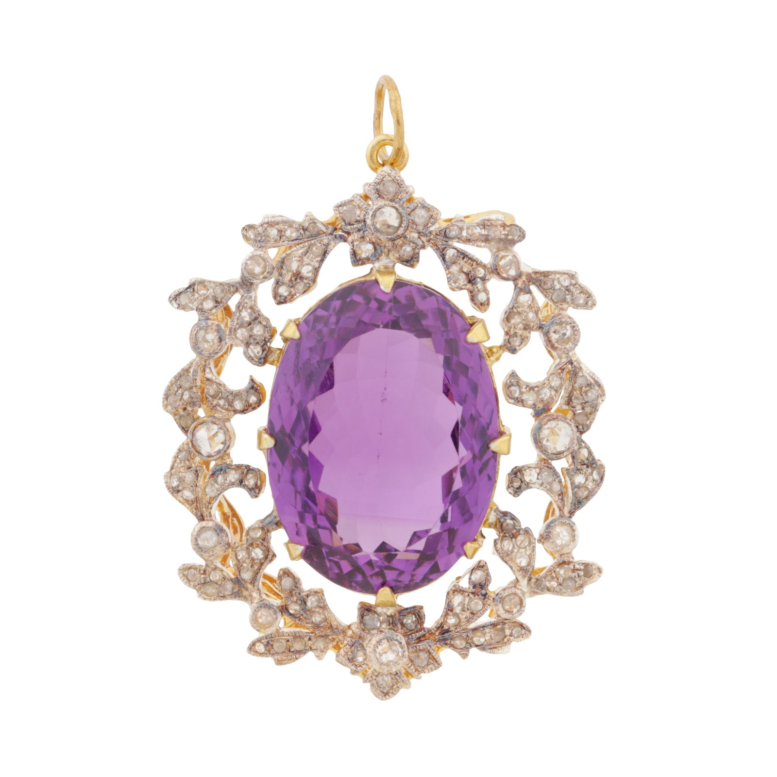 An amethyst and diamond pendant Yellow and white metal: An amethyst and diamond pendant Yellow and white metal Of openwork design, centrally claw-set with an oval-cut amethyst, accented by rose-cut diamonds in a millegrain setting, diamonds approx. 1.20 ca