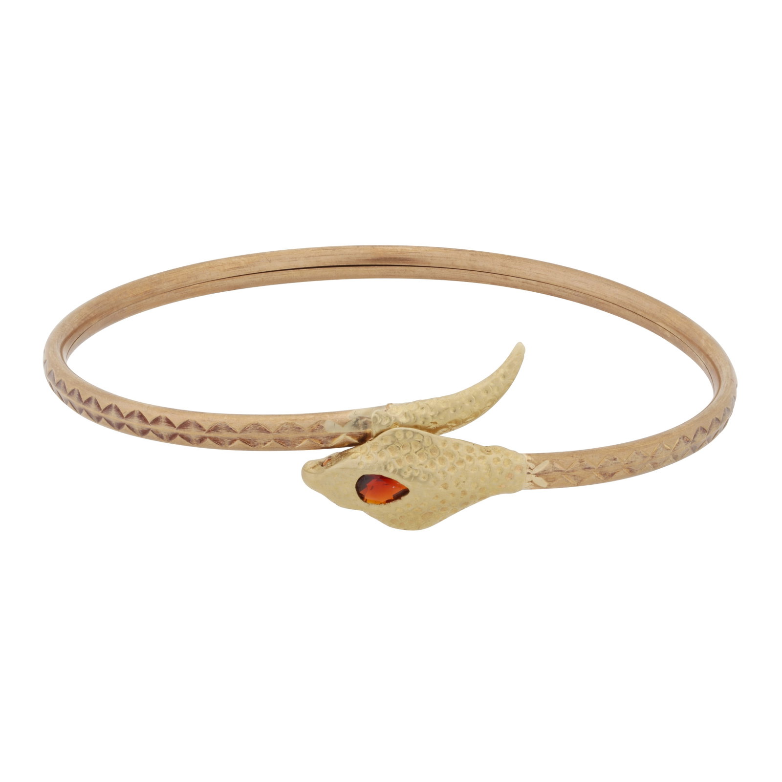 A garnet snake bangle 9ct yellow gold: A garnet snake bangle 9ct yellow gold Of spring and textured design, head and eyes set with pear-shaped and circular-cut garnets, maker's mark, UK import mark, inner diameter 6.5cm