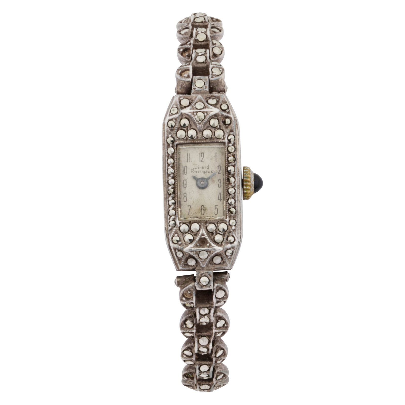 Girard-Perregaux Cocktail Watch Hallmarked silver: Girard-Perregaux Cocktail Watch Hallmarked silver Silver and marcasite-set cocktail watch, circa 1954, manual, integral fancy-link bracelet, fold-over clasp, 11x25mm excluding lugs