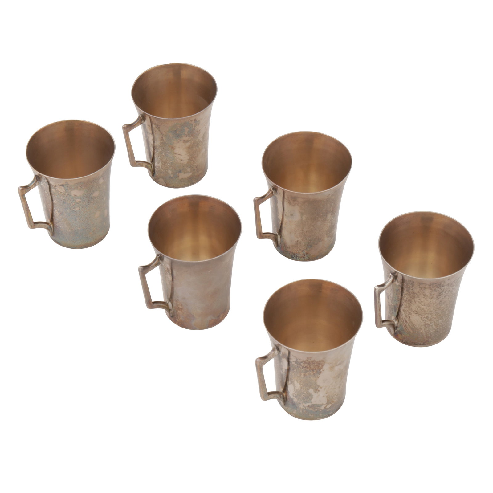 Birmingham 1932 by Adie Brothers A set of six George V sterling silver shot cups: Birmingham 1932 by Adie Brothers A set of six George V sterling silver shot cups Each with a side handle. Fully marked. Weight – 143 grams / 4.6 ozt