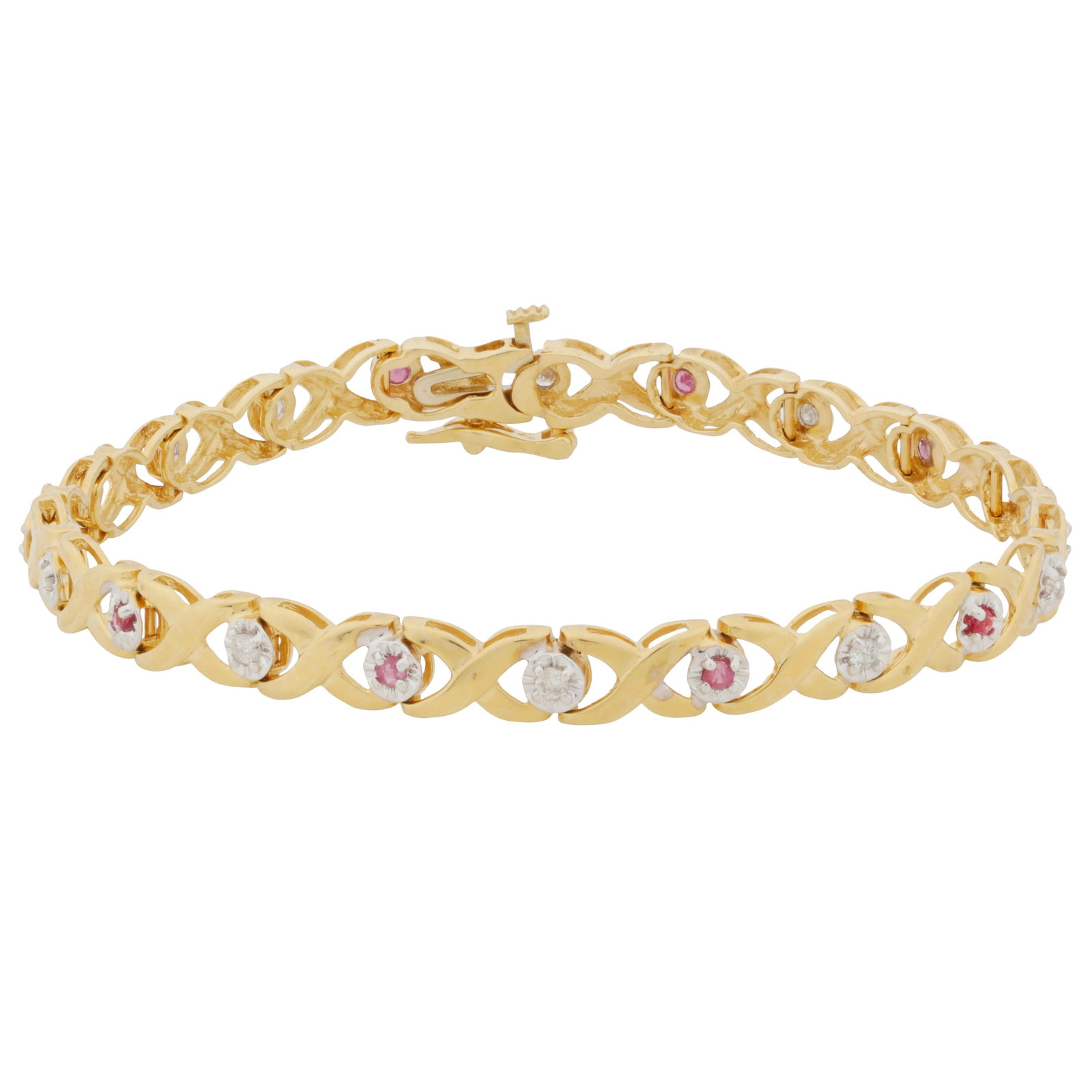 A ruby and diamond bracelet Yellow and white metal: A ruby and diamond bracelet Yellow and white metal Of articulated crossover design, illusion-set with circular-cut ruby and brilliant-cut diamonds, concealed box clasp and safety catch, stamped 14K,
