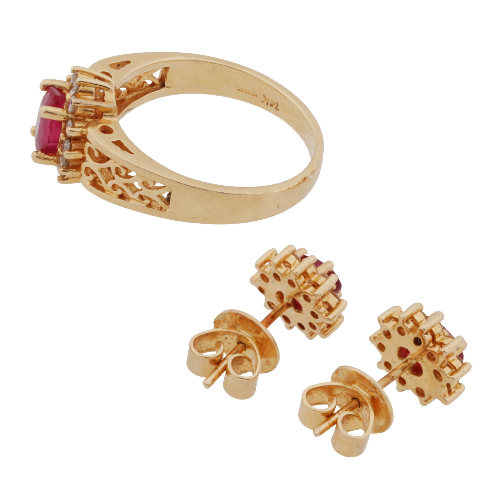 A ruby and diamond ring and earring suite Yellow metal - 2