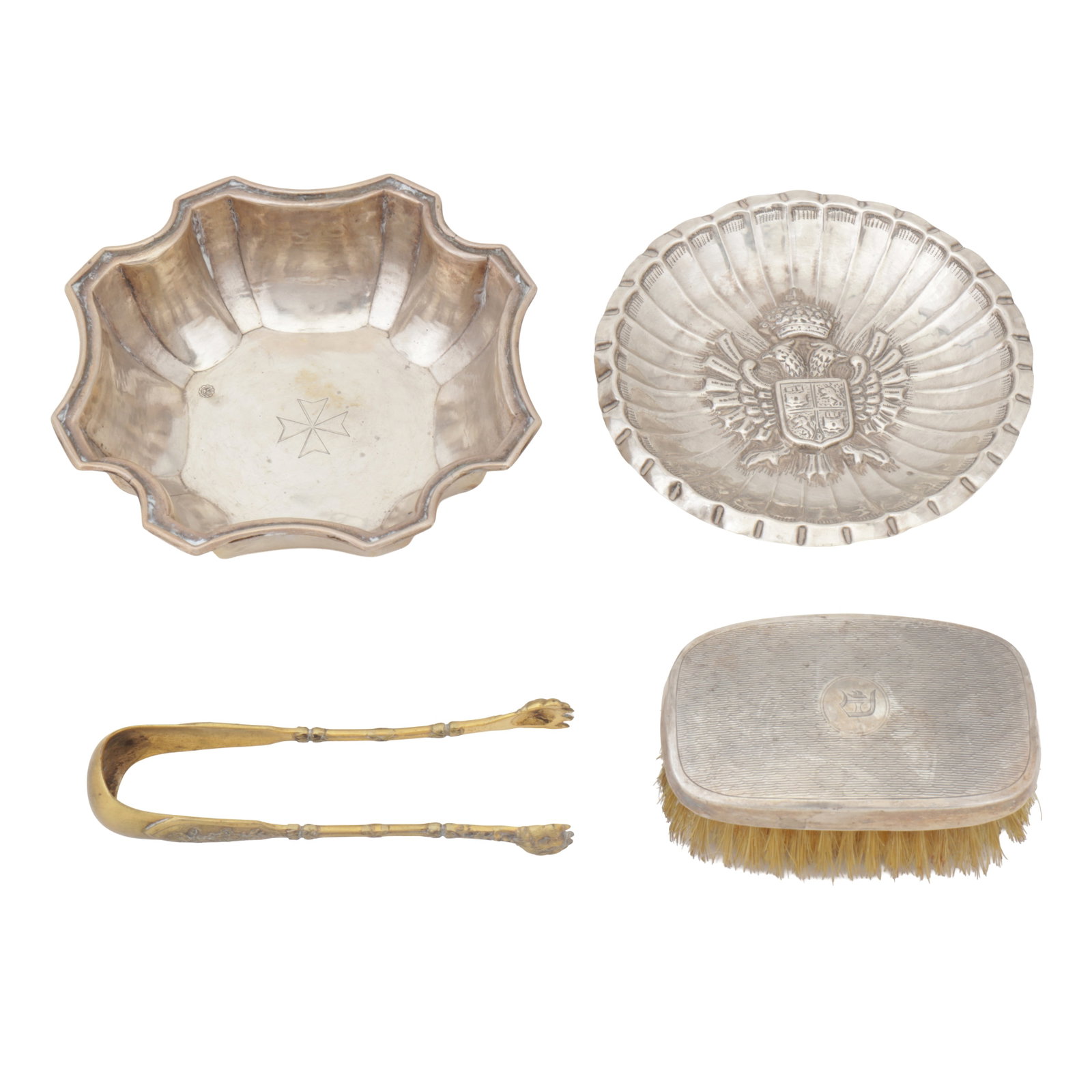 A mixed group of silver: A mixed group of silver Comprising a modern Spanish 915 standard bowl, a pair of French 950 standard silver gilt sugar tongs, a modern unmarked dish, and a clothes brush. (4) Weighable silver -212