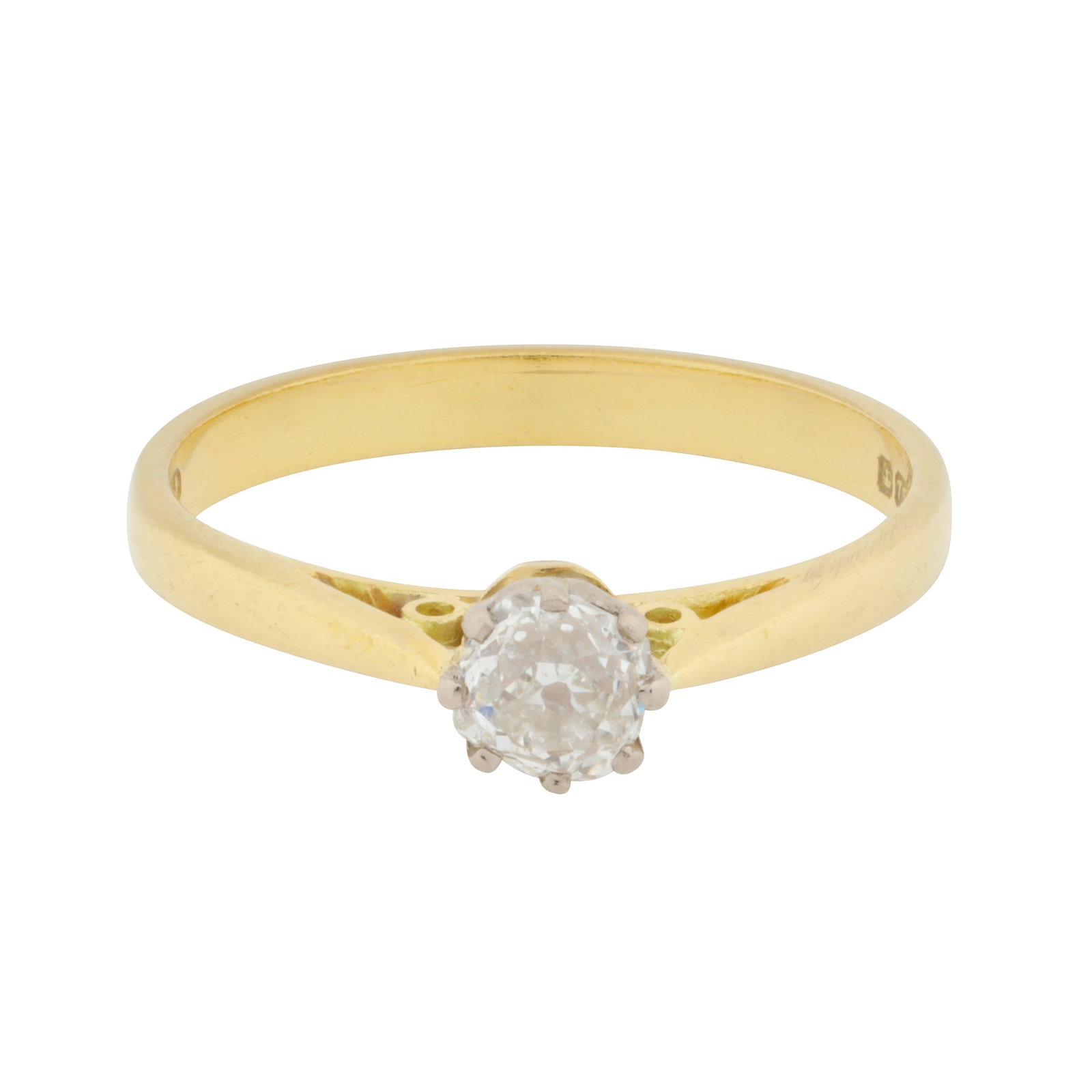 A single stone diamond ring, circa 1990 18 carat yellow and white gold: A single stone diamond ring, circa 1990 18 carat yellow and white gold Set with an old brilliant-cut diamond, to a bi-colour mount, set in 18 carat gold, diamond approx. 0.40 carat total, maker's mark