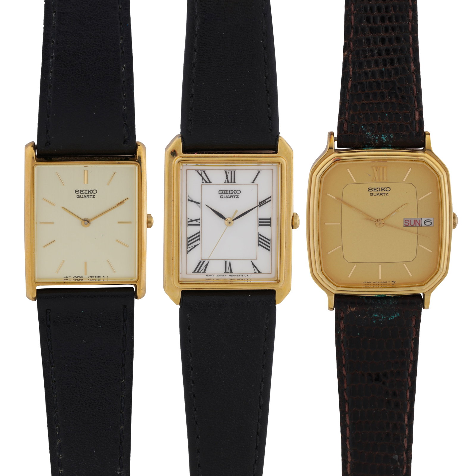 Three Seiko Dress Watches Gold Plated: Three Seiko Dress Watches Gold Plated Model/Type: Dress Dates: c.Early 2000's Movements: Quartz Cases: Gold-plated Straps: Leather (3)