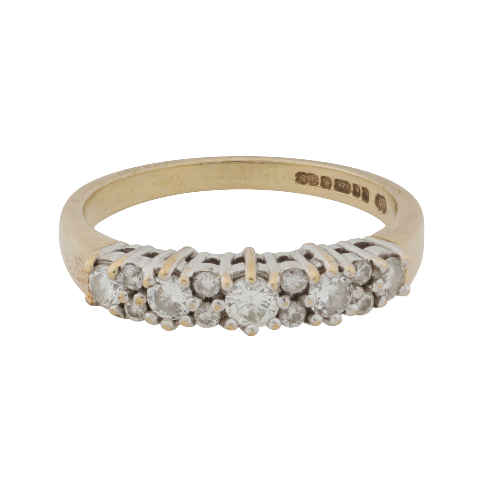 A diamond ring 9ct yellow and white gold: A diamond ring 9ct yellow and white gold Claw-set with brilliant-cut diamonds, tapered band, diamonds approx. 0.30 carat total, maker's mark, UK import mark, ring size O
