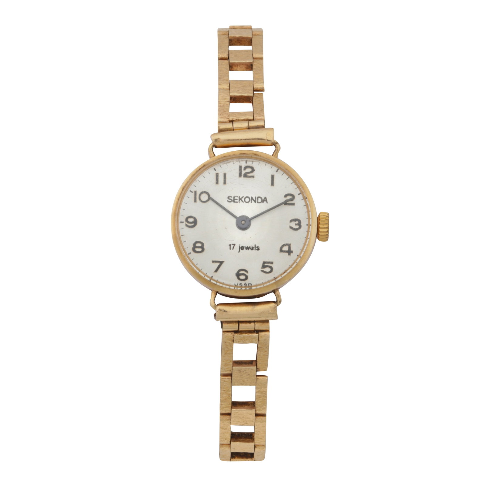 Sekonda Bracelet Watch 9K Gold: Sekonda Bracelet Watch 9K Gold Model/Type: Dress Date: c.1970's Movement: Mechanical, hand-wound Dial: Silvered sunburst, applied Arabic numerals Case: 9K gold, press-on case-back Bracelet: Later