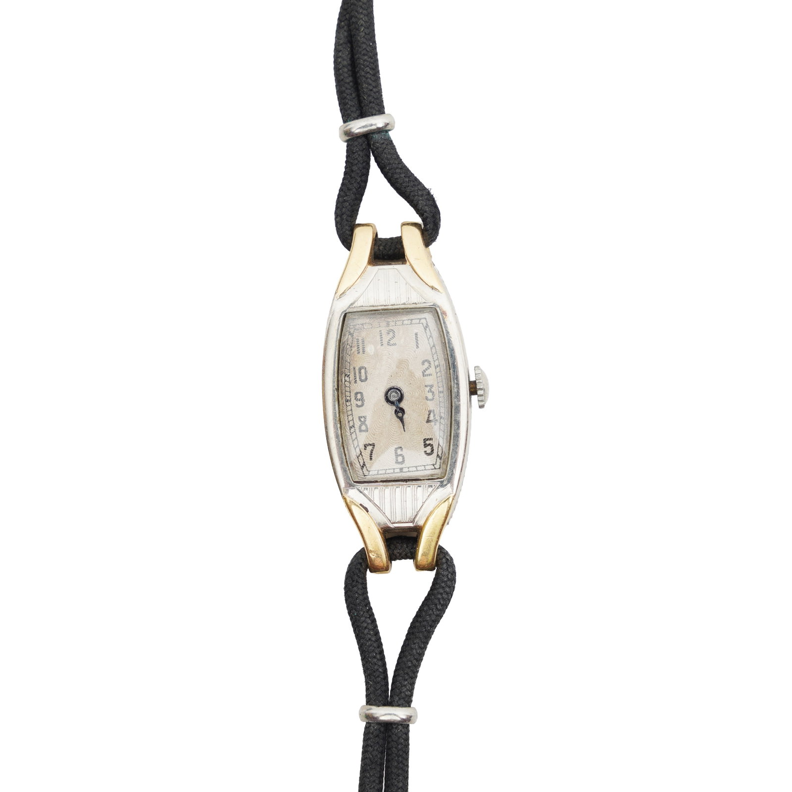 Art Deco Cocktail Watch 18K Gold: Art Deco Cocktail Watch 18K Gold Model/Type: Cocktail/Dress Date: c.1930's Movement: Mechanical, hand-wound Dial: Silvered guiloché sunburst Case: Two-tone 18K gold, hinged case-back, engraved
