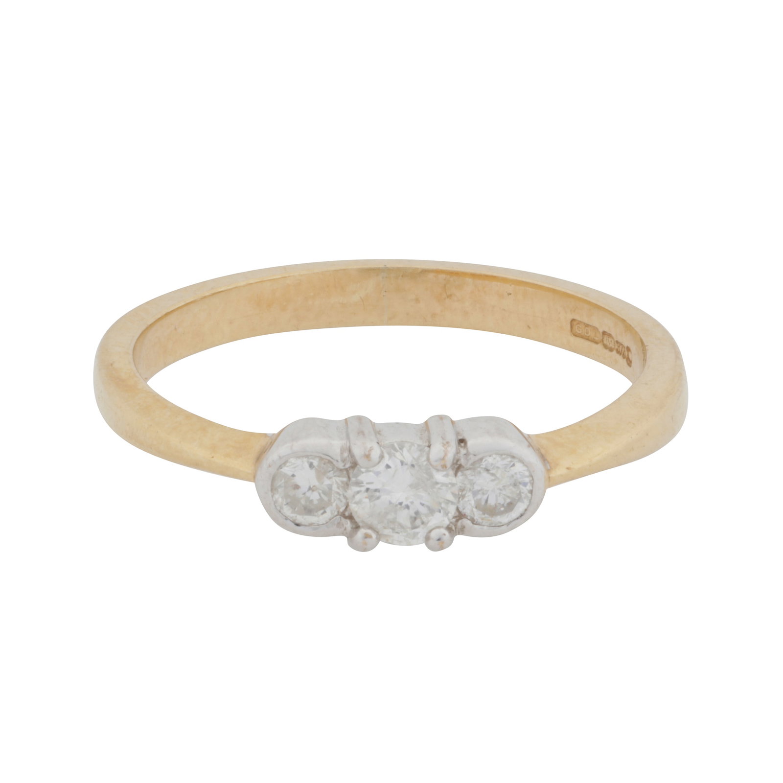 A three-stone brilliant cut diamond ring 9 carat yellow and white gold: A three-stone brilliant cut diamond ring 9 carat yellow and white gold Set with three graduated brilliant-cut diamonds, to a bi-colour mount, mounted in 9 carat gold, diamonds approx. 0.30 carat