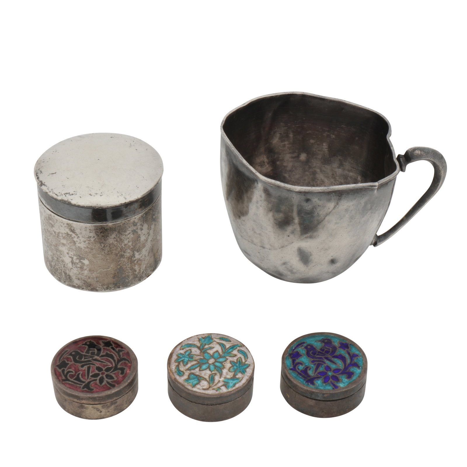 A mixed group of silver: A mixed group of silver Comprising a christening mug, stamped T.100. Together with an unmarked plain box and three enamel topped small boxes. (5) Weight – 176 grams / 5.66 ozt