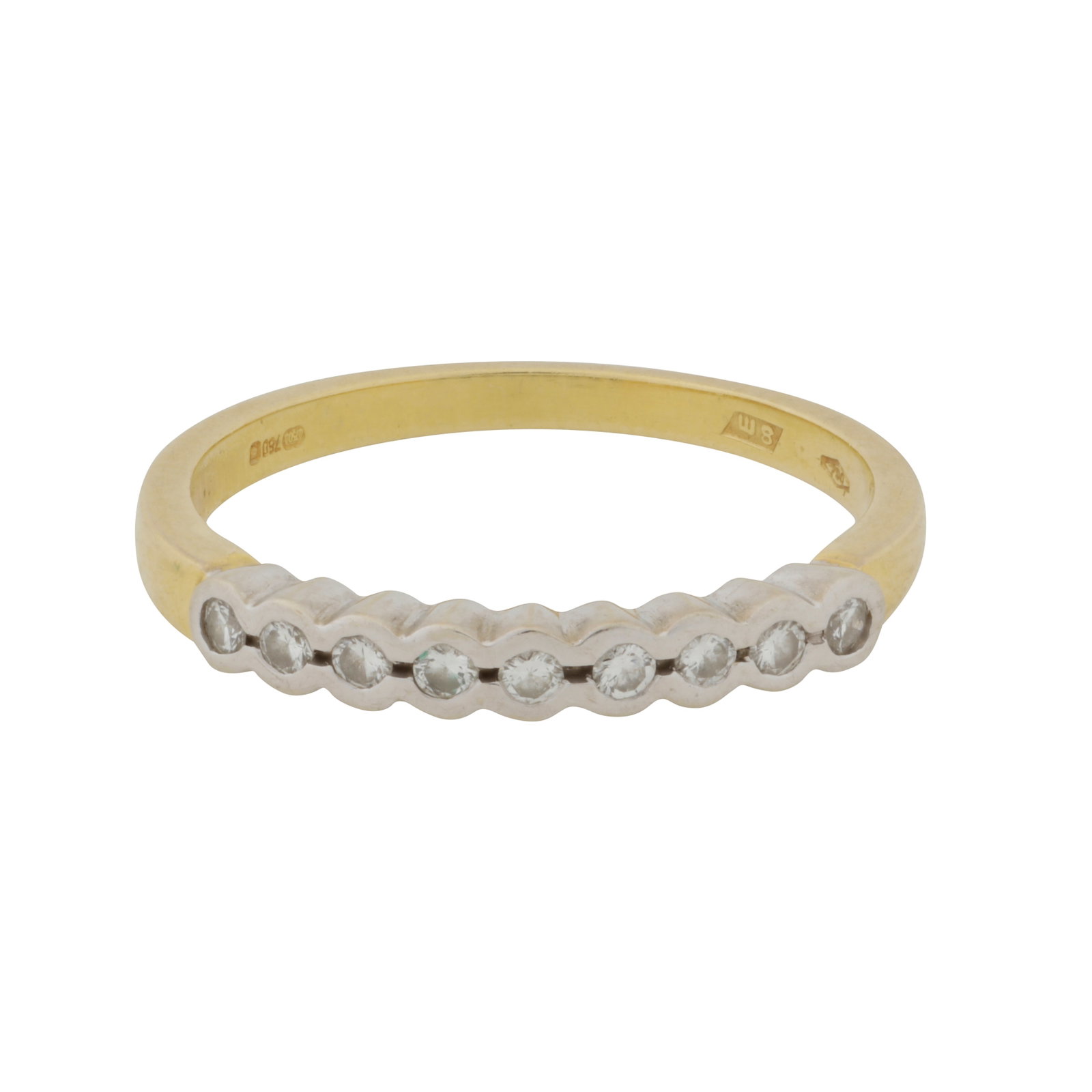 A diamond half eternity ring 18ct yellow and white gold: A diamond half eternity ring 18ct yellow and white gold Set with brilliant-cut diamonds, tapered band, maker's mark, UK import mark, ring size N