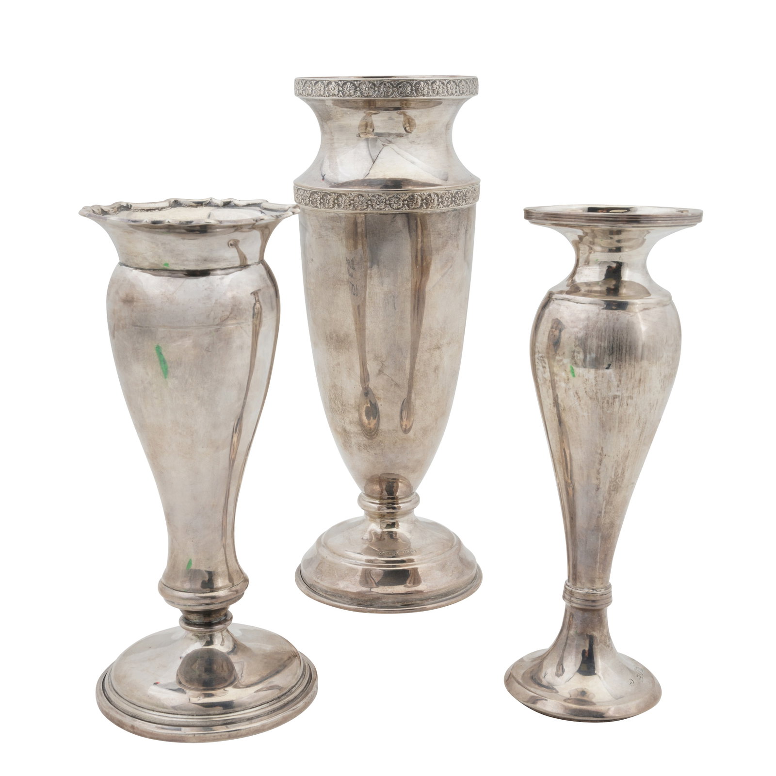 Three sterling silver posy vases: Three sterling silver posy vases Each of rounded form. Each filled. (3) Gross weight – 503 grams / 16.17 ozt