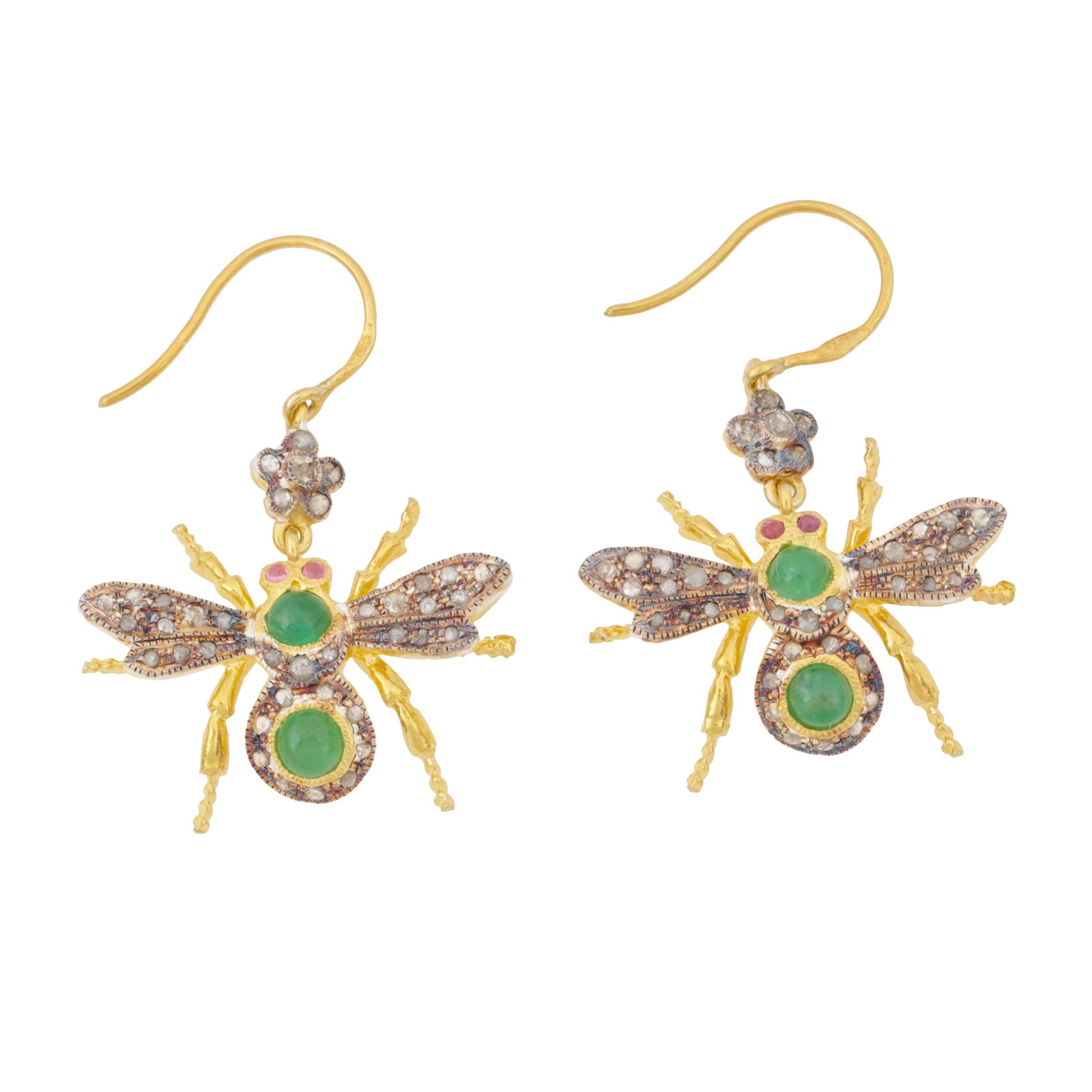 A pair of gem set fly earrings Yellow and white: A pair of gem set fly earrings Yellow and white Each set with circular-cut green and pink gem cabochons, accented by rose-cut diamonds, to milgrain decorations, hook fittings, stamped 925, length