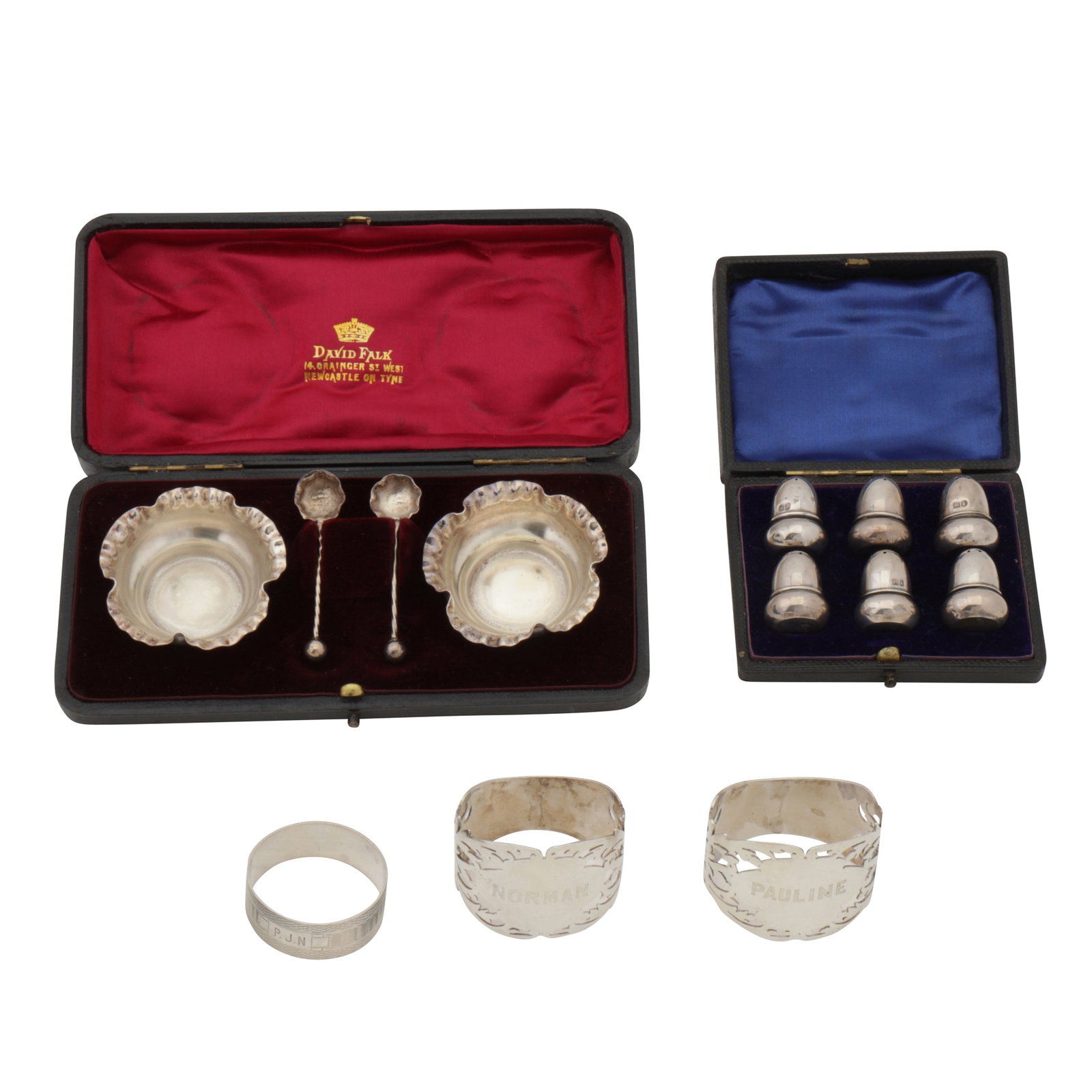 London 1906 by William Harrison Walter A cased set of Edwardian sterling silver pepperettes: London 1906 by William Harrison Walter A cased set of Edwardian sterling silver pepperettes Formed as acorns, with pull off drill pierced lids. Fully marked. Together with a cased pair of silver