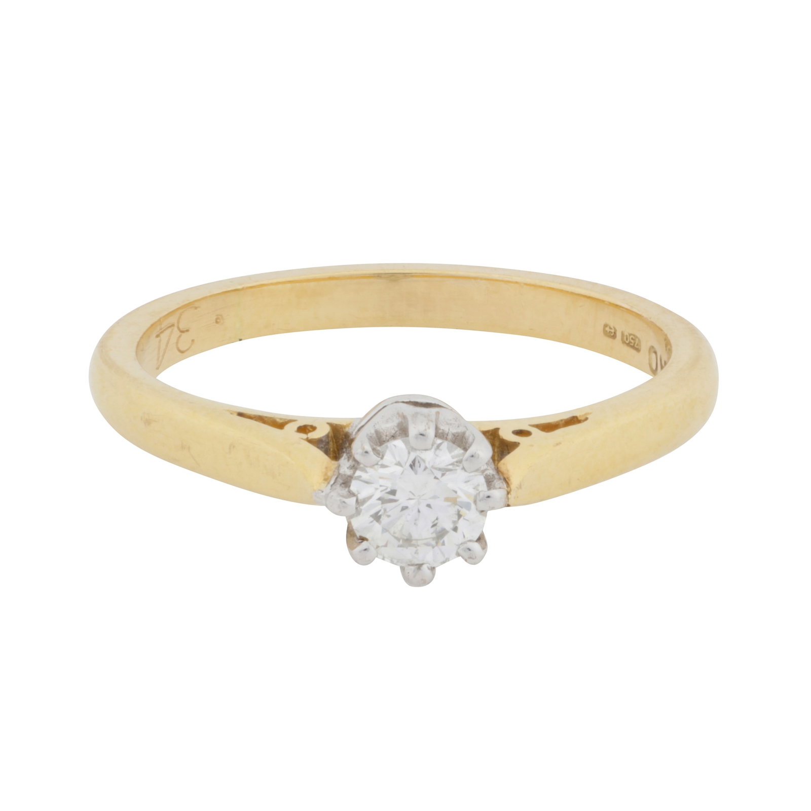 A single-stone diamond ring 18 carat yellow and white gold: A single-stone diamond ring 18 carat yellow and white gold Set with a brilliant-cut diamond, weighing approx. 0.34 carat total, mounted in 18 carat yellow and white gold, UK hallmark, ring size N