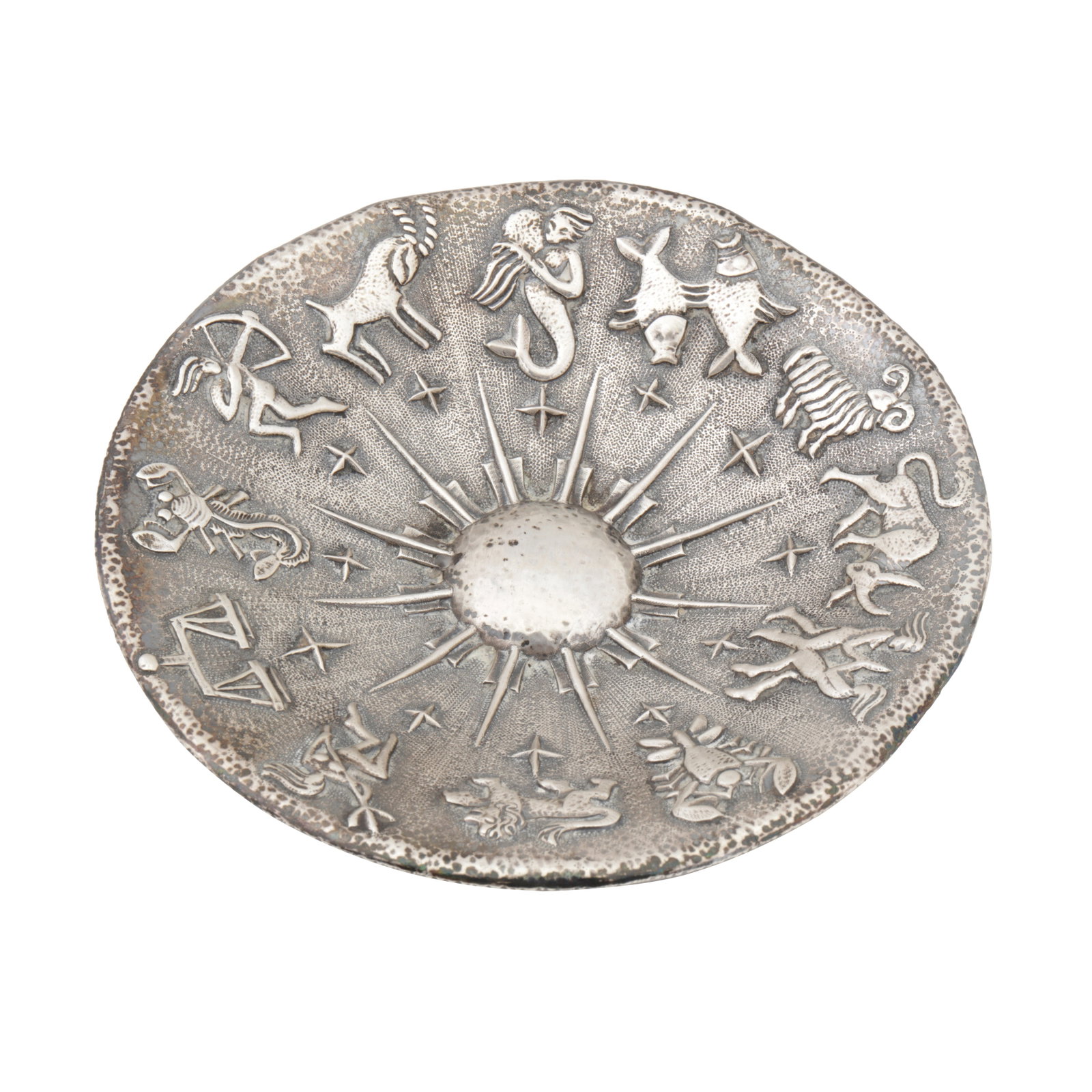 A mid-20th century unmarked silver dish, probably Peruvian: A mid-20th century unmarked silver dish, probably Peruvian Zodiac design. Weight – 122 grams / 3.92 ozt