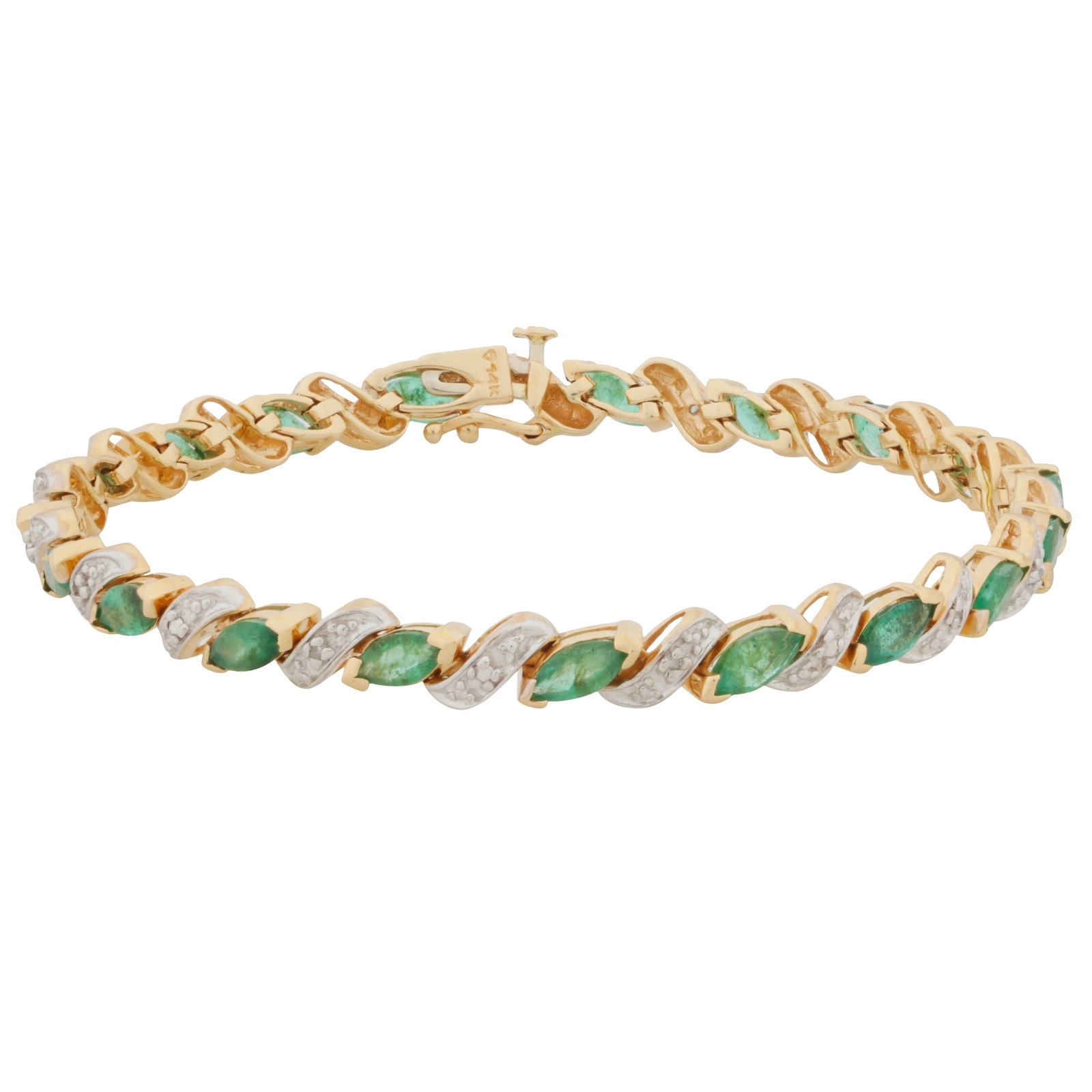 An emerald and diamond bracelet Yellow and white bracelet: An emerald and diamond bracelet Yellow and white bracelet Of articulated design, claw-set with marquise-cut emeralds, accented by single-cut diamonds, concealed box clasp and safety catch, stamped