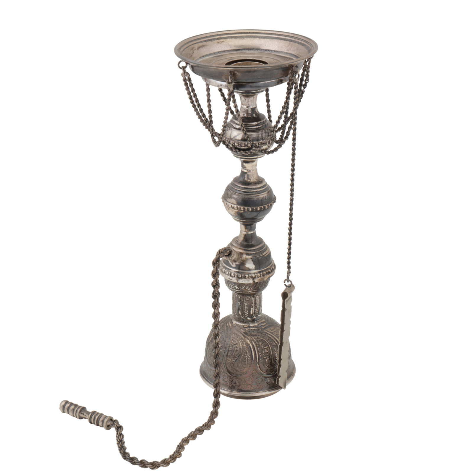 Cairo circa 1980 A late 20th century 900 standard silver hookah stem (shisha): Cairo circa 1980 A late 20th century 900 standard silver hookah stem (shisha) With engraved decoration of paisley and arabesque motif. Stamped with egyptian assay mark. Height - 26.5 cm / 10.43