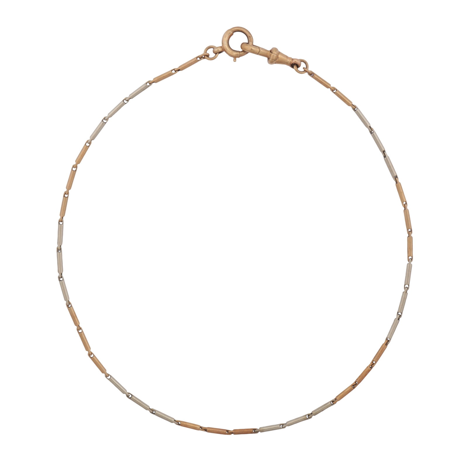 A bar link fob chain Yellow and white metal: A bar link fob chain Yellow and white metal Of polished design, bolt ring and hook clasps, maker's mark, stamped 9ct, length 34.3cm