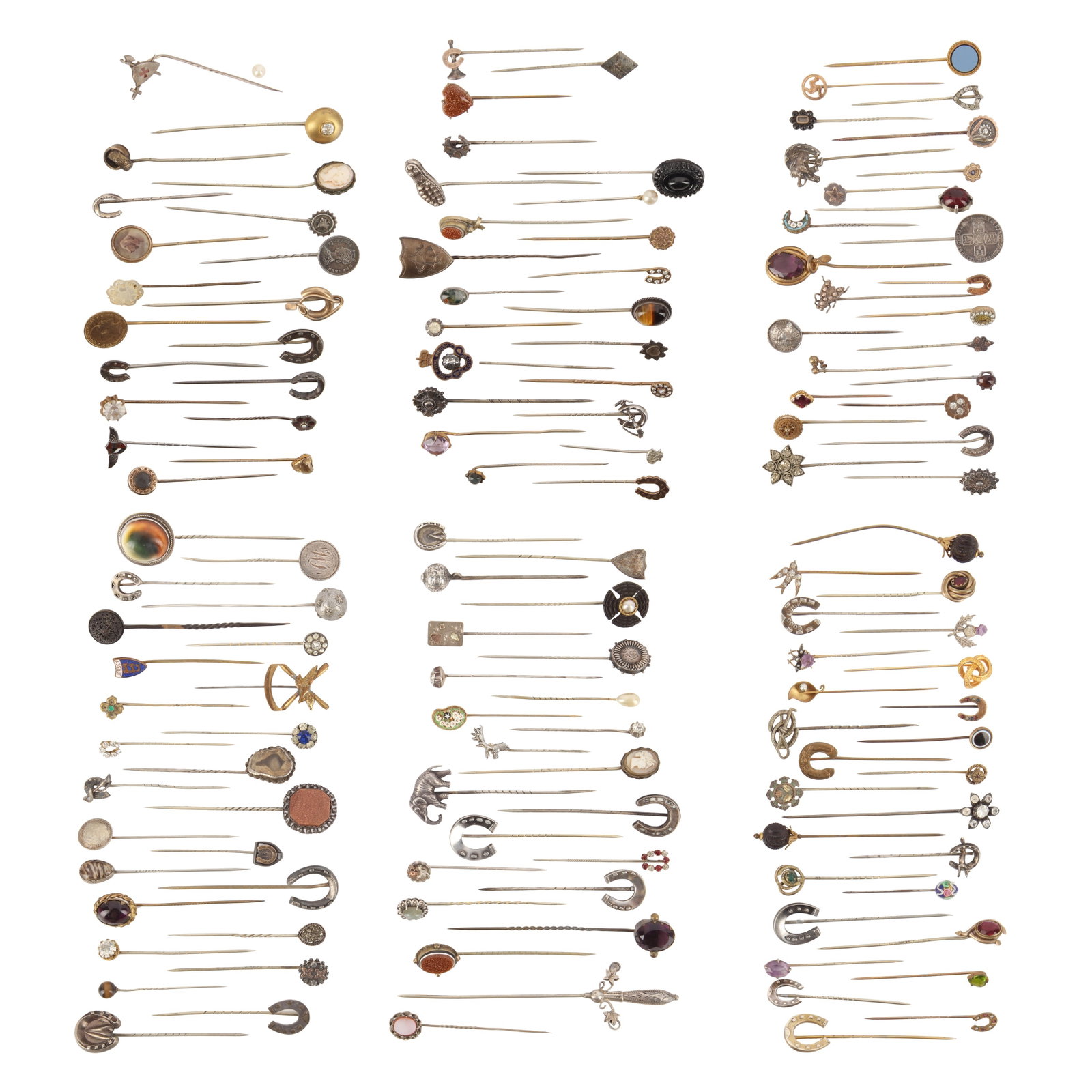 A large collection of stick pins including a possible Berlin ironwork stickpin Yellow and white meta: A large collection of stick pins including a possible Berlin ironwork stickpin Yellow and white metal Of various shapes and sizes, including animals, coins, horseshoes, and gemstones such as