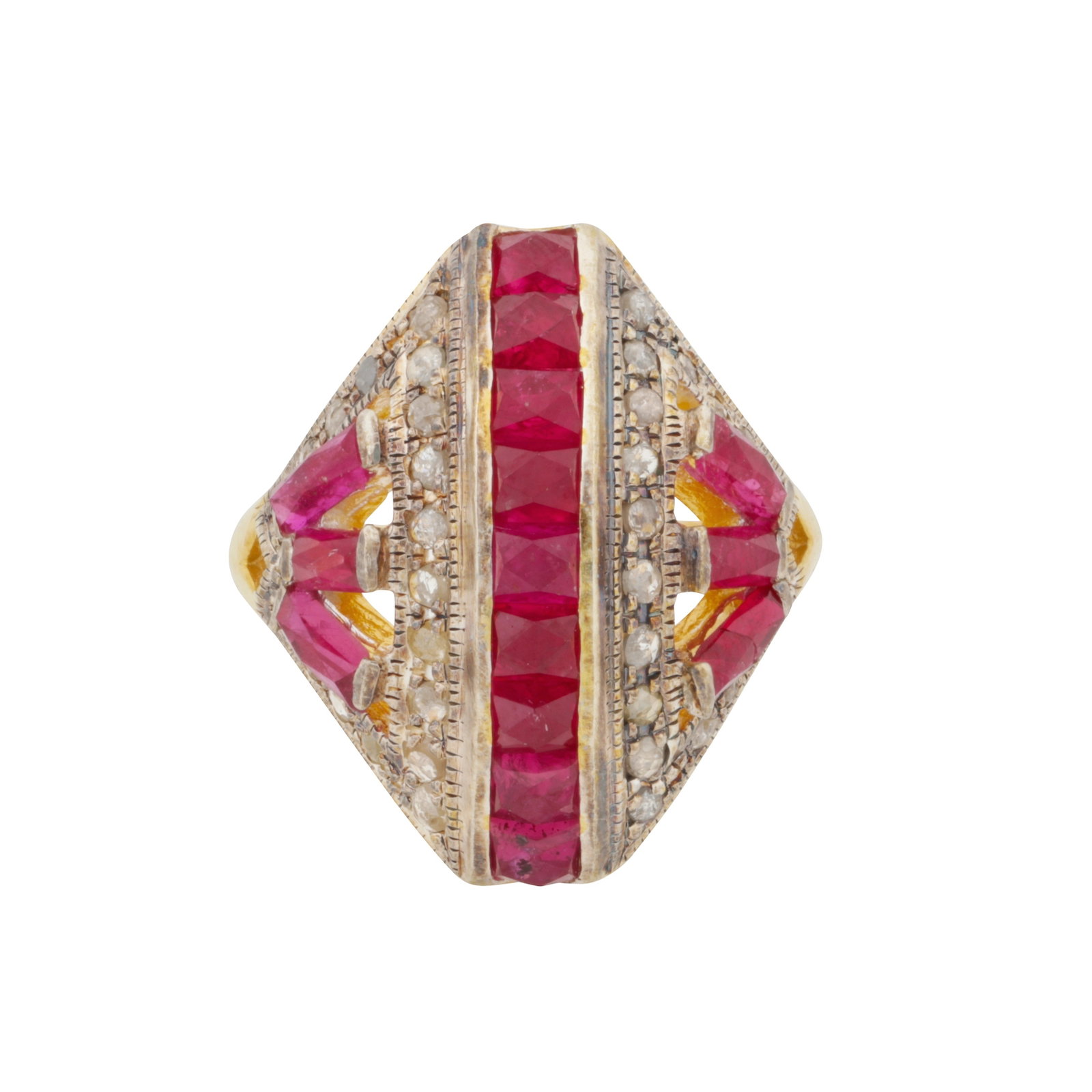 A ruby and diamond lozenge ring Yellow and white metal: A ruby and diamond lozenge ring Yellow and white metal Centring a row of channel-set fancy-cut rubies, flanked by rose-cut diamonds, accented by rectangular fancy-cut rubies, with textured details,