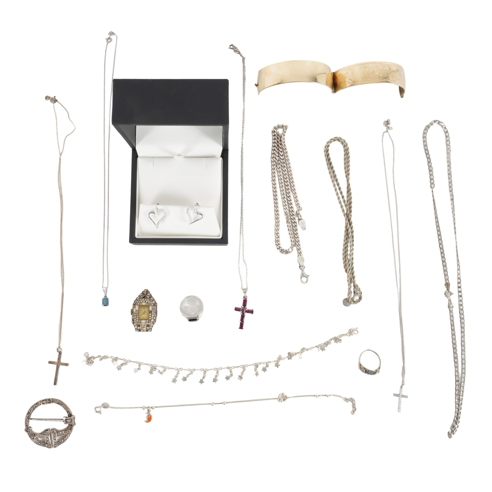A collection of silver jewellery White and yellow metal: A collection of silver jewellery White and yellow metal To include seven necklaces, two bracelets, a Celtic pin, two rings, a bangle, a watch clip, and a pair of Sif Jakobs earrings; some stamped
