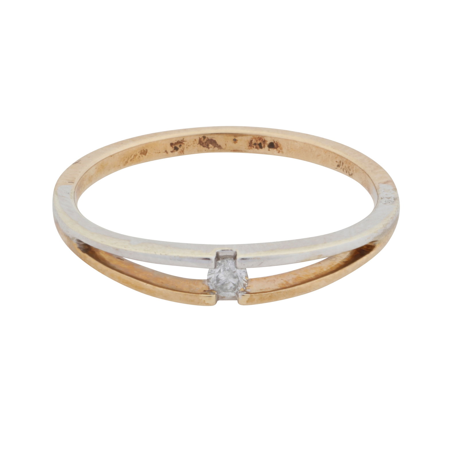 A diamond single stone ring: A diamond single stone ring The bicolour split band, set with a brilliant-cut diamond, unmarked and untested, presumed to be 9ct gold, size N