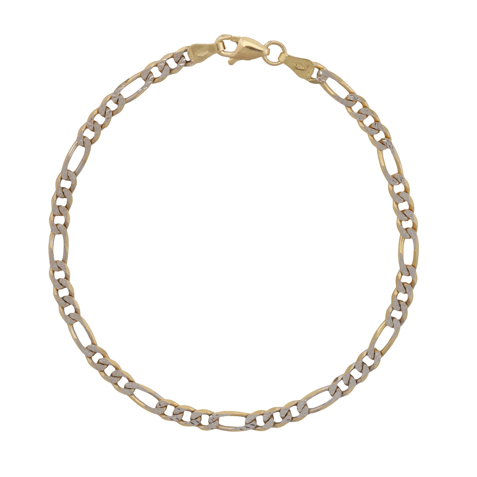A figaro link bracelet 18ct yellow and white gold: A figaro link bracelet 18ct yellow and white gold Of polished and textured design, to a lobster clasp, Italian assay mark, length 19.6cm