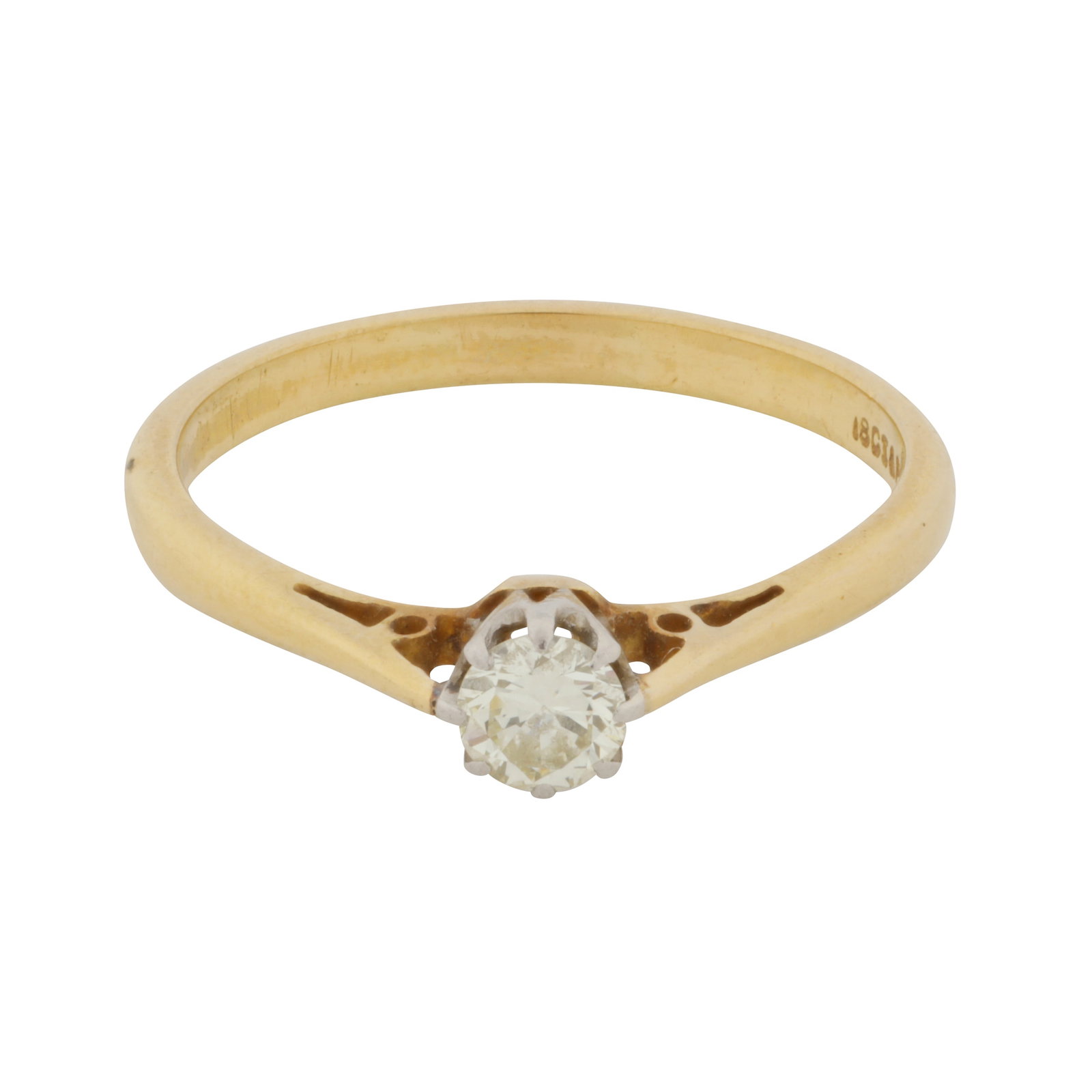 A single stone diamond ring Yellow and white metal: A single stone diamond ring Yellow and white metal Claw-set with a brilliant-cut diamond centre, to pointed shouldered and cathedral setting, stamped 18ct & Plat, size P
