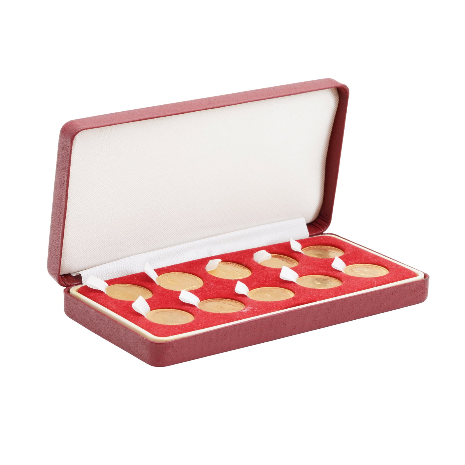 GB Coins, - a boxed group of ten 22ct gold Sovereigns: GB Coins, - a boxed group of ten 22ct gold Sovereigns The group comprising of the following dates: Queen Victoria, 1861, 1900, 1901. Edward VII, 1902 Sydney mint, 1902 Melbourne mint, 1905, 1906,