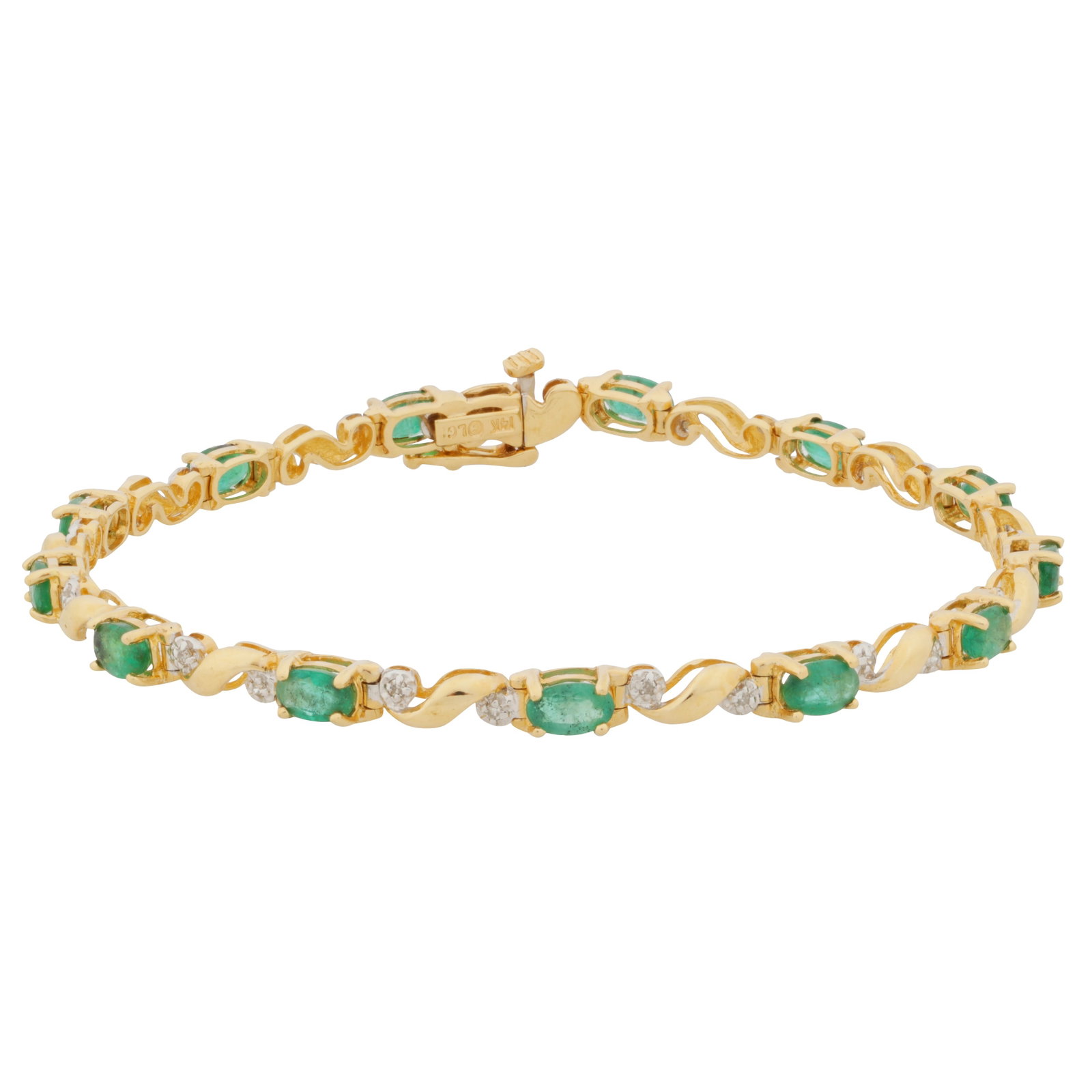 An emerald and diamond bracelet Yellow and white metal: An emerald and diamond bracelet Yellow and white metal Of articulated wavy design, claw-set with oval-cut emeralds, accented by single-cut diamonds, concealed box clasp and safety catch, maker's