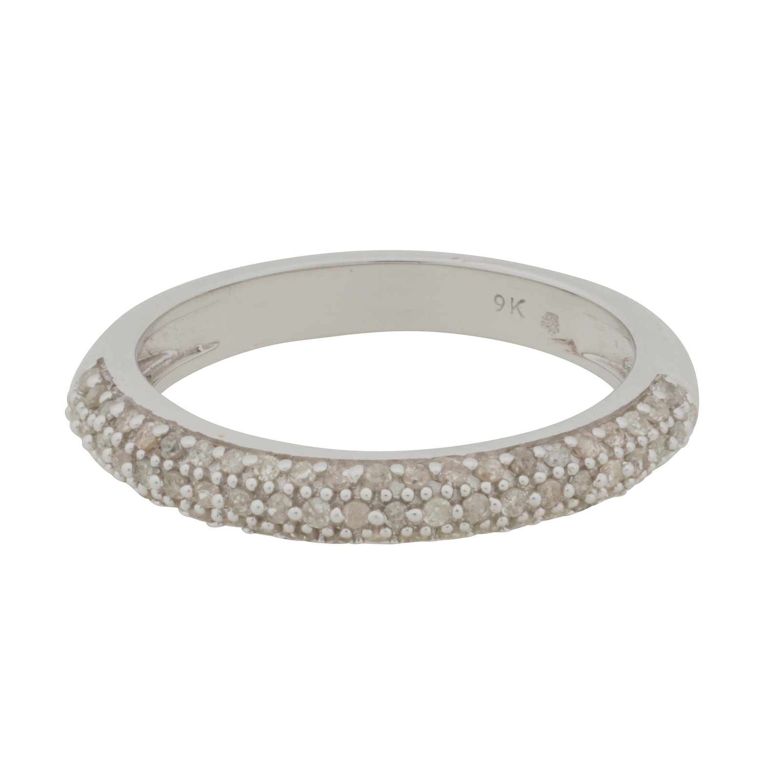 A diamond half eternity ring White metal: A diamond half eternity ring White metal Of rounded design, set with three rows of single-cut diamonds, to a straight band, diamonds approx. 0.60 carat total, stamped 9K, size N
