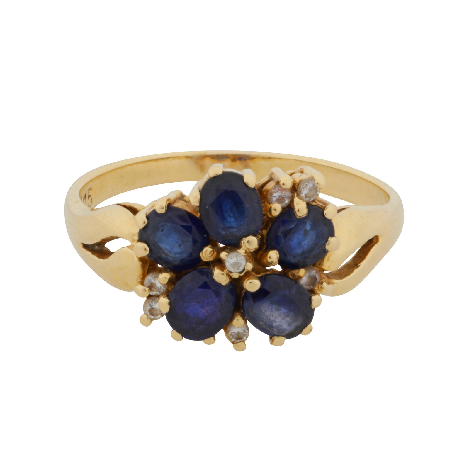 A sapphire and diamond flower ring Yellow metal: A sapphire and diamond flower ring Yellow metal Claw-set with oval-cut sapphires, accented by brilliant-cut diamonds, to pierced shoulders, stamped 585, ring size O