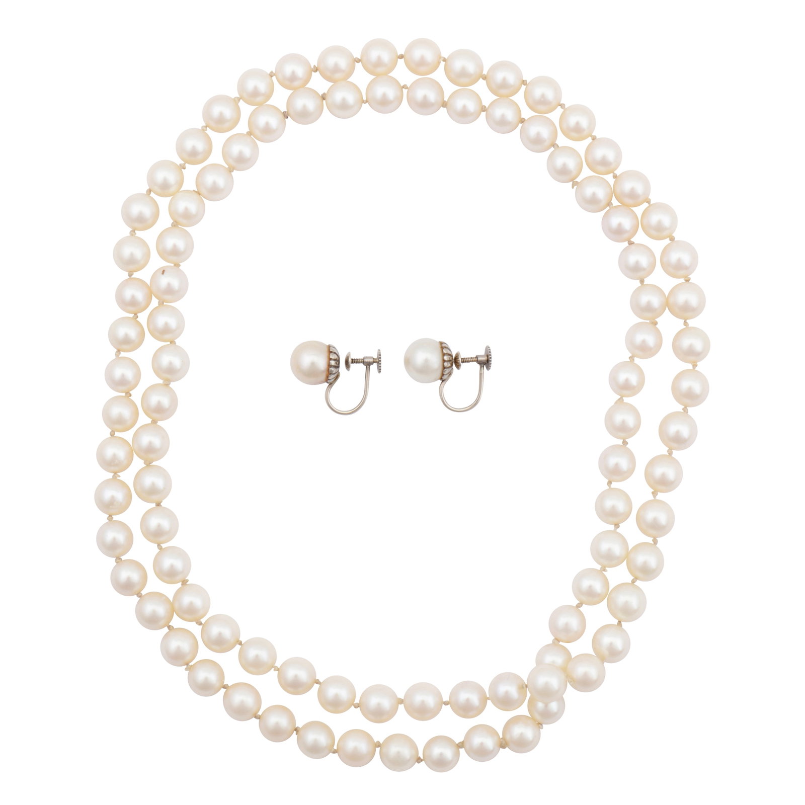 A pearl necklace and pair of earrings White metal: A pearl necklace and pair of earrings White metal The single strand necklace, set with 7.7-7.9mm round and near-round cultured pearls of white tint, together with a pair of jacket earrings, each set
