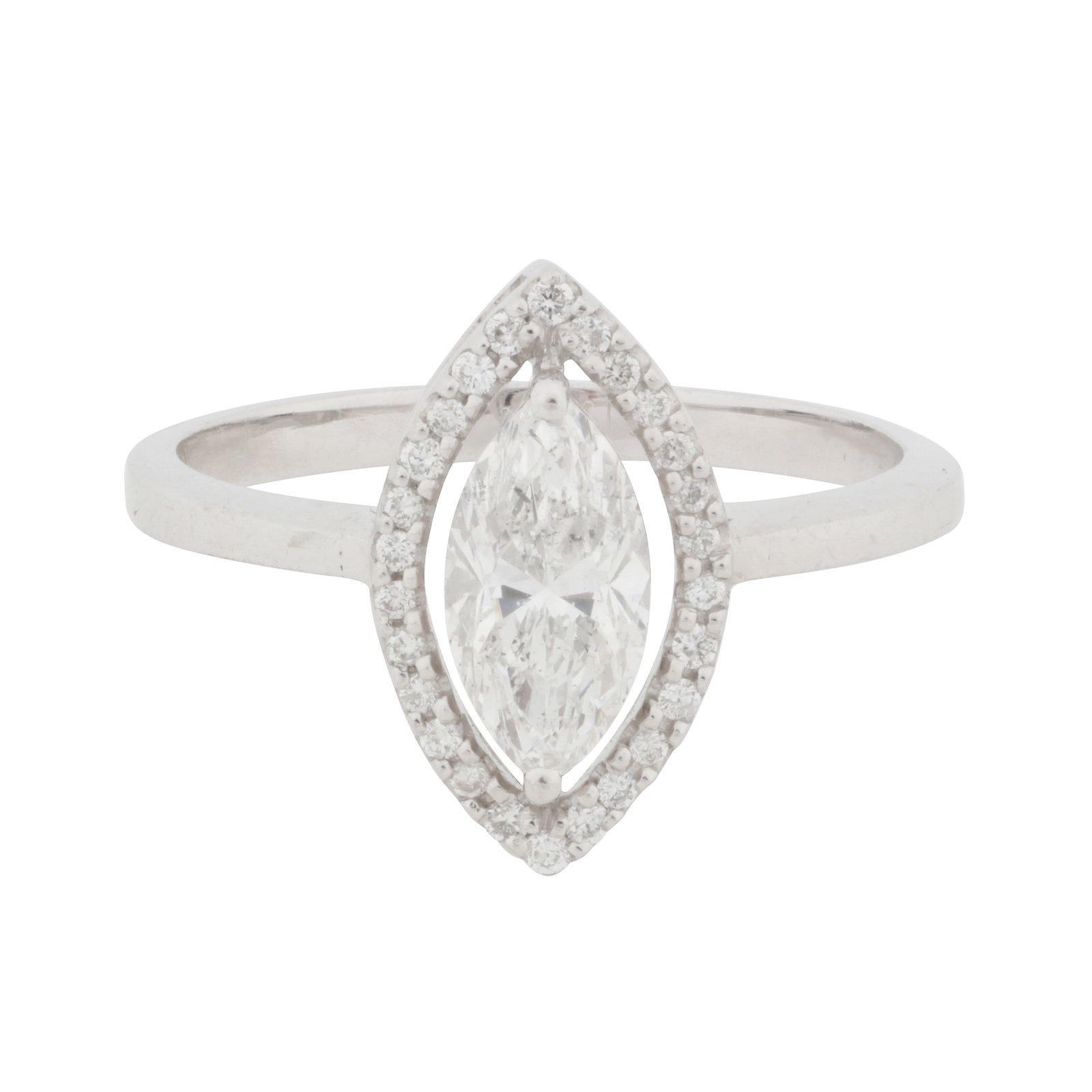 A diamond ring White metal: A diamond ring White metal Of navette shape, claw-set with a central marquise-cut diamond weighing approximately 0.65 carat, within a spaced surround of brilliant-cut diamonds, mounted in a white