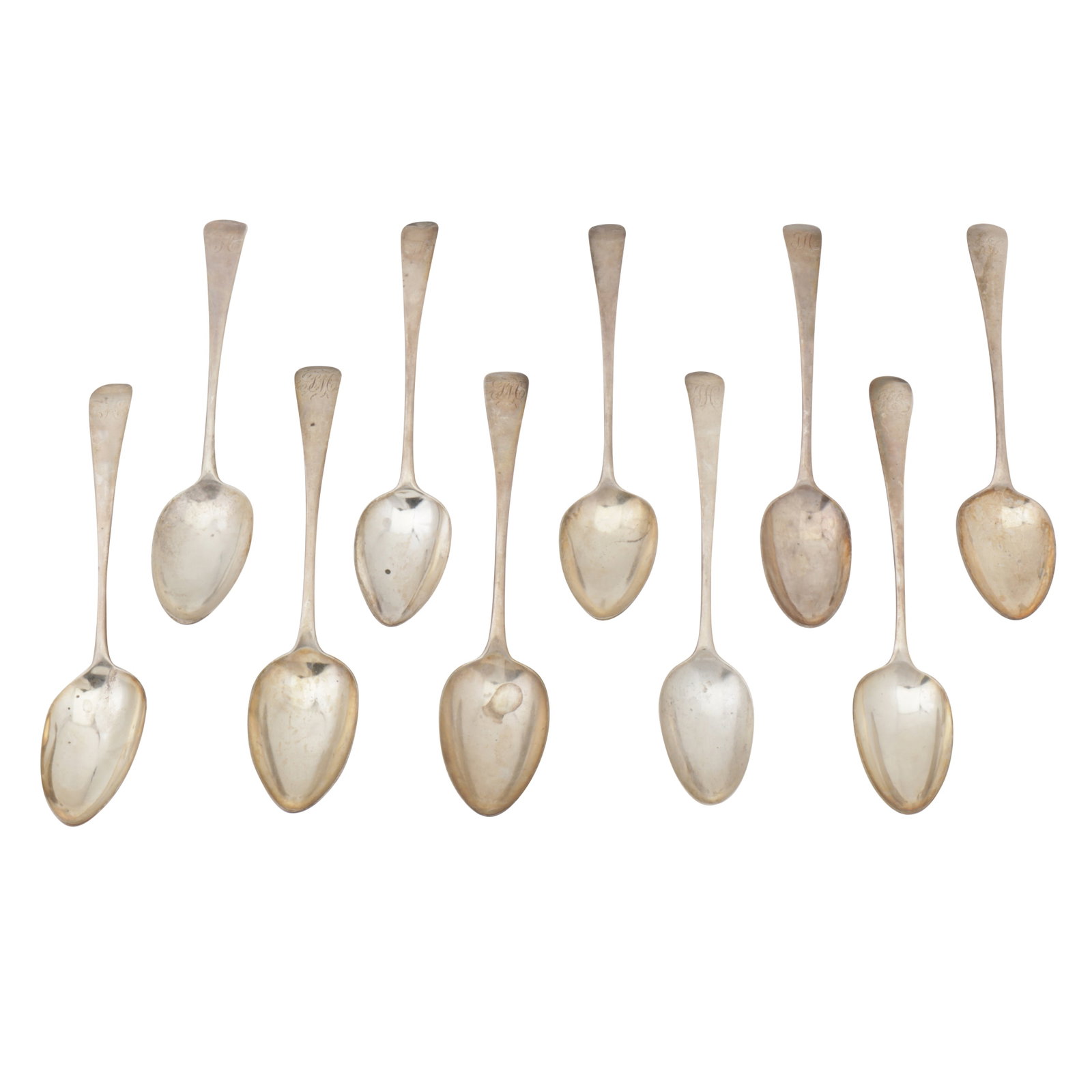 Ten George III sterling silver tablespoons: Ten George III sterling silver tablespoons Old English pattern, each engraved with initials except one. Various dates and makers. (10) Weight - 609 grams / 19.58 ozt