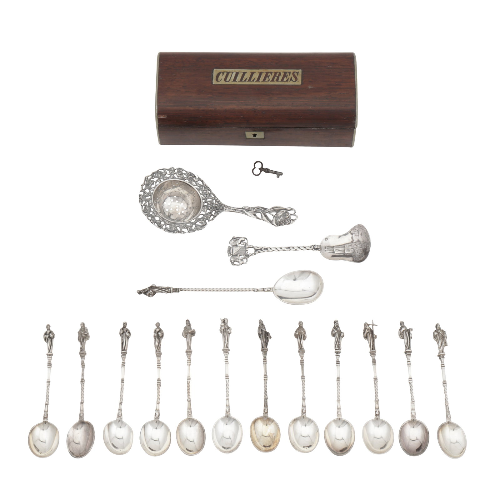 A mixed group of Dutch silver flatware: A mixed group of Dutch silver flatware Apostle spoons, tea strainer and other. (Q) Weight – 244 grams / 7.84 ozt