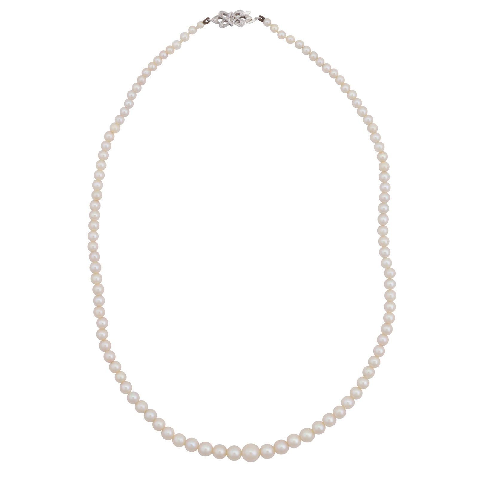 A single strand pearl necklace 9ct white gold: A single strand pearl necklace 9ct white gold Set with 2.8-6.8mm graduated round and near-round pearls of white tint, to a fishhook clasp of bow design, set with a rose-cut diamond centre, maker's