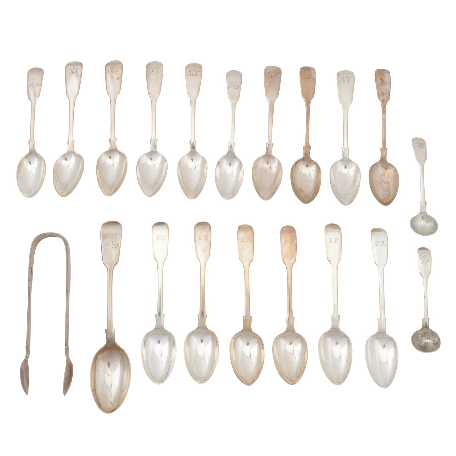 A mixed group of sterling silver flatware: A mixed group of sterling silver flatware Fiddle pattern, various dates and makers George III to Victorian, (Q) Weight – 476 grams / 15.3 ozt