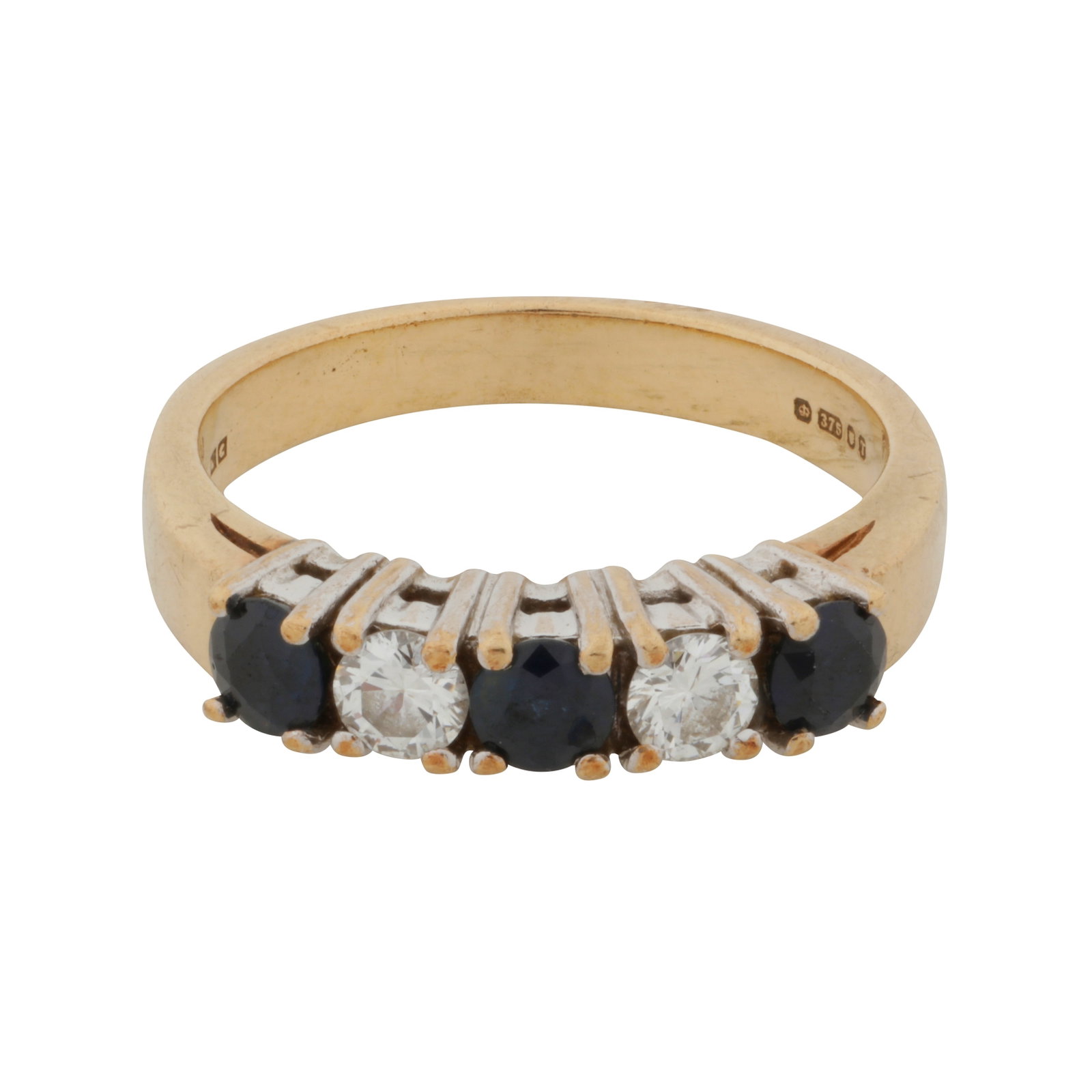 A sapphire and diamond five stone ring 9ct yellow and white gold: A sapphire and diamond five stone ring 9ct yellow and white gold Claw-set with circular-cut sapphires and brilliant-cut diamonds, to a straight band, diamonds approx. 0.30 carat total, maker's mark,